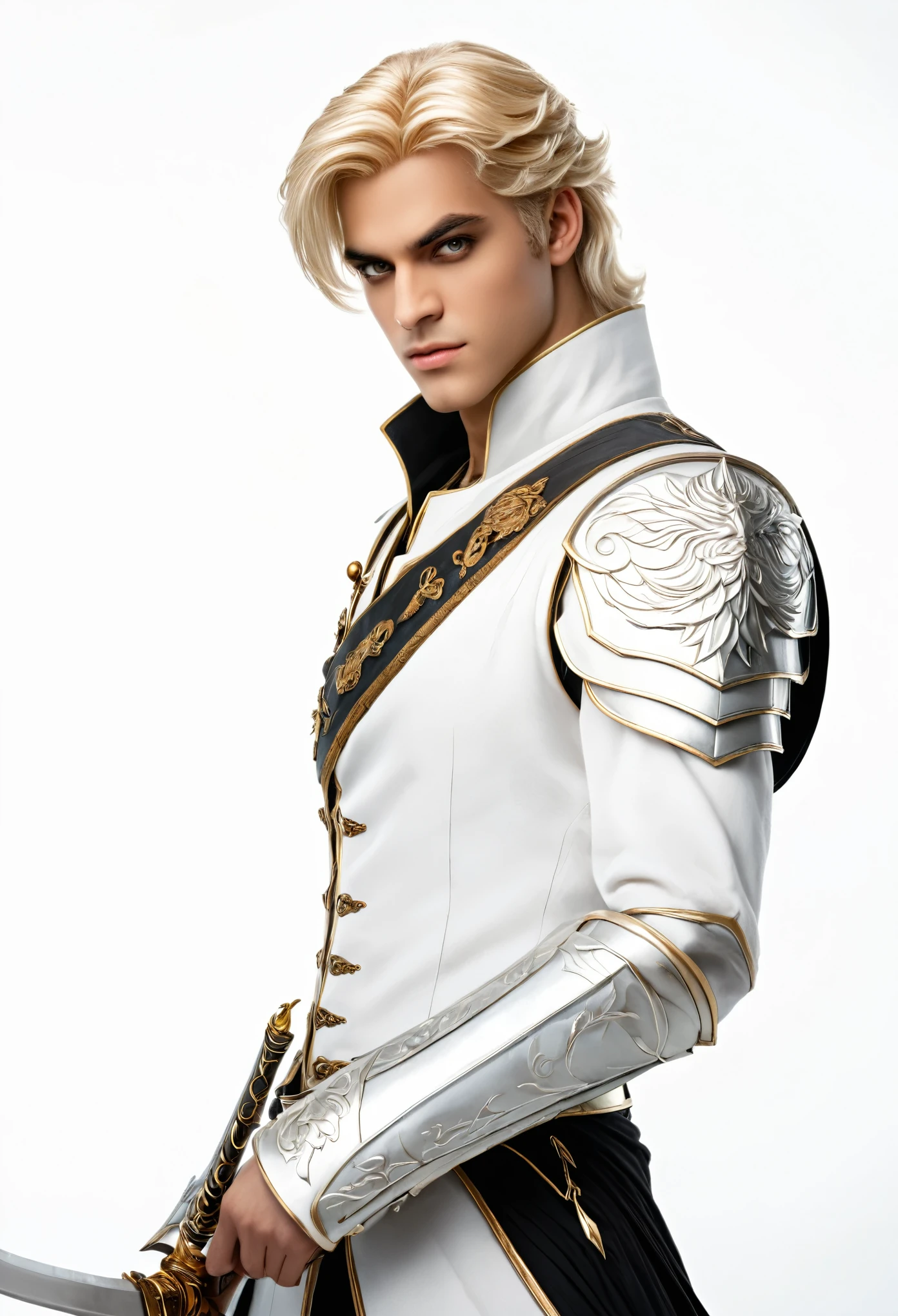 highest quality, masterpiece, Ultra-high resolution, White Background, Realistic, Hades Style, Withdrew from the -yeld pre on the battlefield, Short blonde, Amber Eyes, Prince&#39;s Armor, Cape, Depth of written boundary