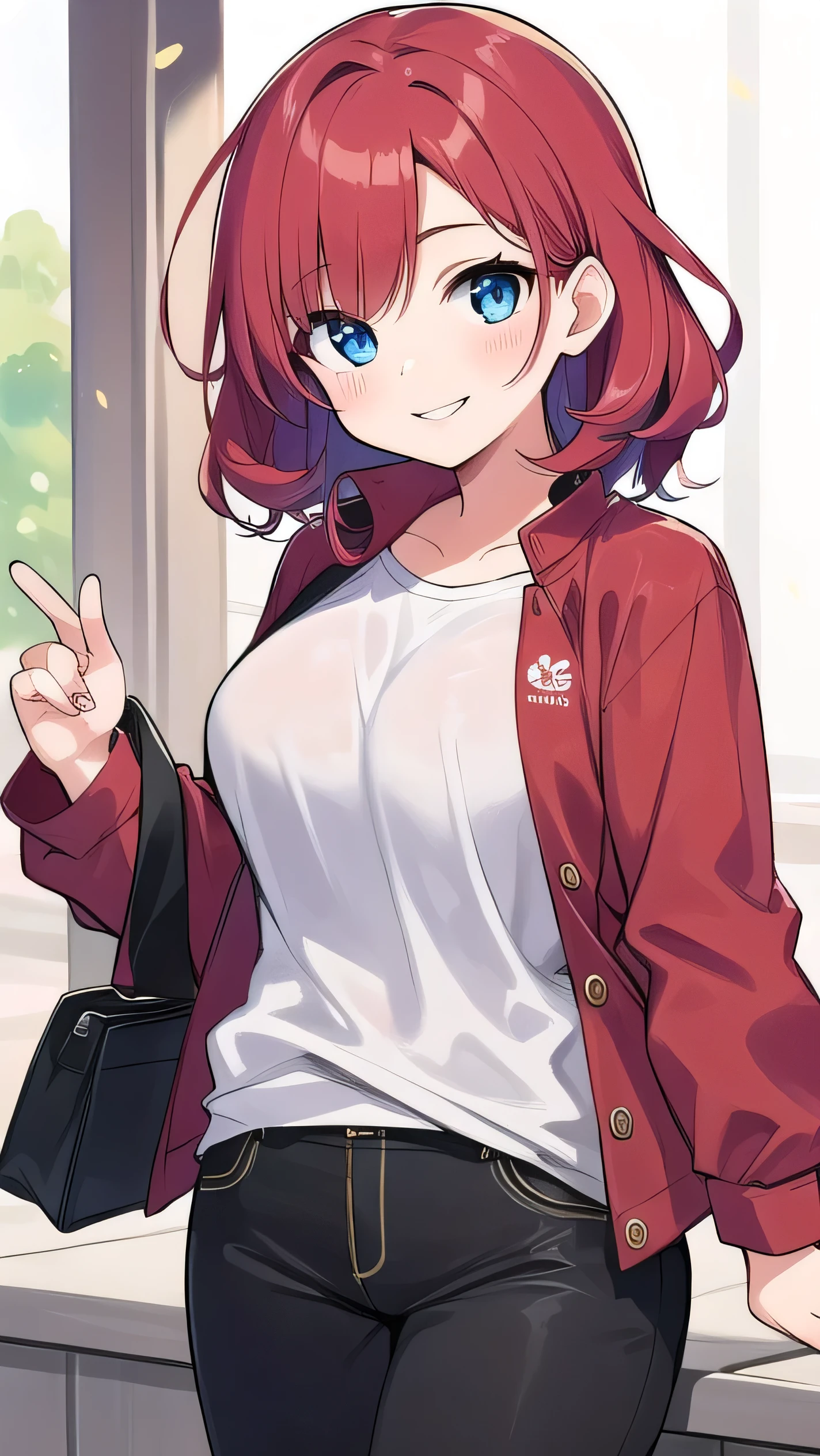 Big breasts, red hair, blue eyes, droopy eyes, red jacket, lsuper big breasts, (medium hair: 1.1), baggy clothes, young face, short height, , shy,Agari, smiling a little, soft hair,(straight hair:1.5),childish clothes