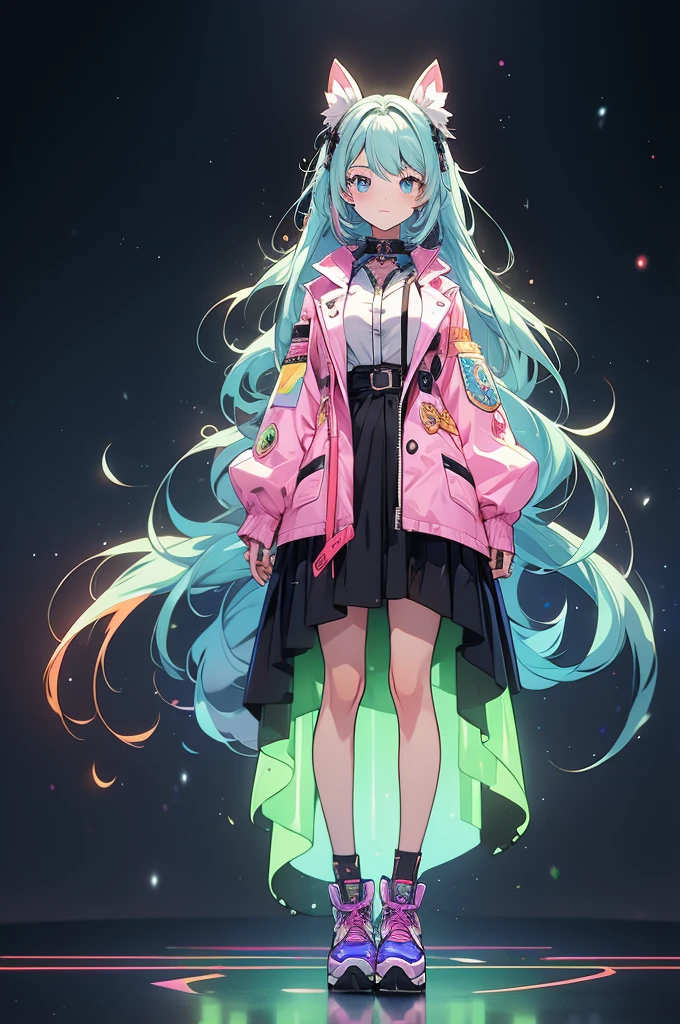 Wearing a clear plastic A-line stand-up collar double-breasted jacket、Super cute 、vtuber-fullbody、Illustration rainbow color, magically glowing, Shiny colorful, Holograph, by Yuumei, Anime Art Wallpapers 8K, Gveiz-style artwork, anime art wallpaper 4k, anime art wallpaper 4k, Beautiful anime artwork, Digital anime art, Gveiz,(Full Body Lesbian:1.2)、Standing in front of the viewer、