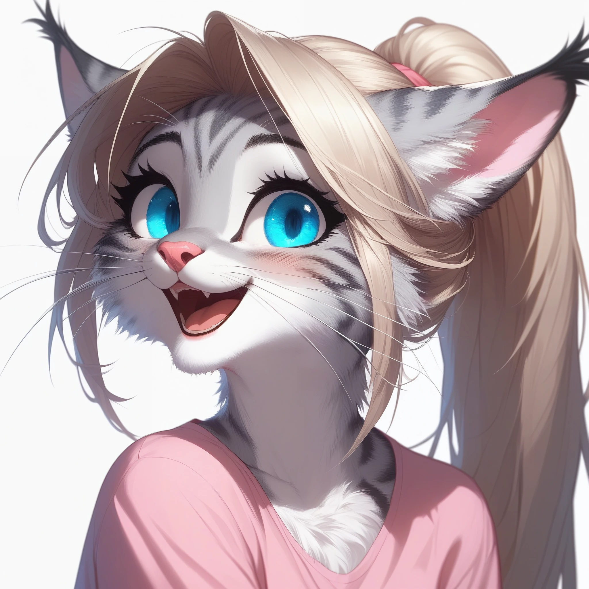 score_9,score_8_up,score_7_up, source_cartoon, source_furry, Kat, a cute Anthro furry feline girl, tall body, hourglass figure, adult female, blue eyes, :3, silver fur, long blonde hair, hair in a ponytail, white whiskers, pink nose, wearing pink shirt, upper body shot, looking at viewer, happy smile, mouth open, blushing, no background, white background