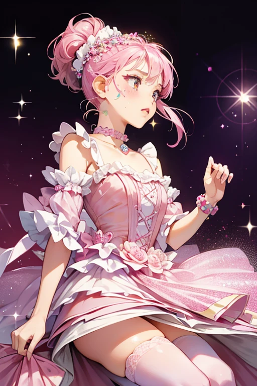 appearance consisted of pink beaded scrunchie on her left ear and a pink flower pin on the right ear. For clothing apparel also had a pink stockings, a blue heart birthmark on her face, and a pink 3 layered silk dress from the bottom dress line. SPARKLE; GLITTER
