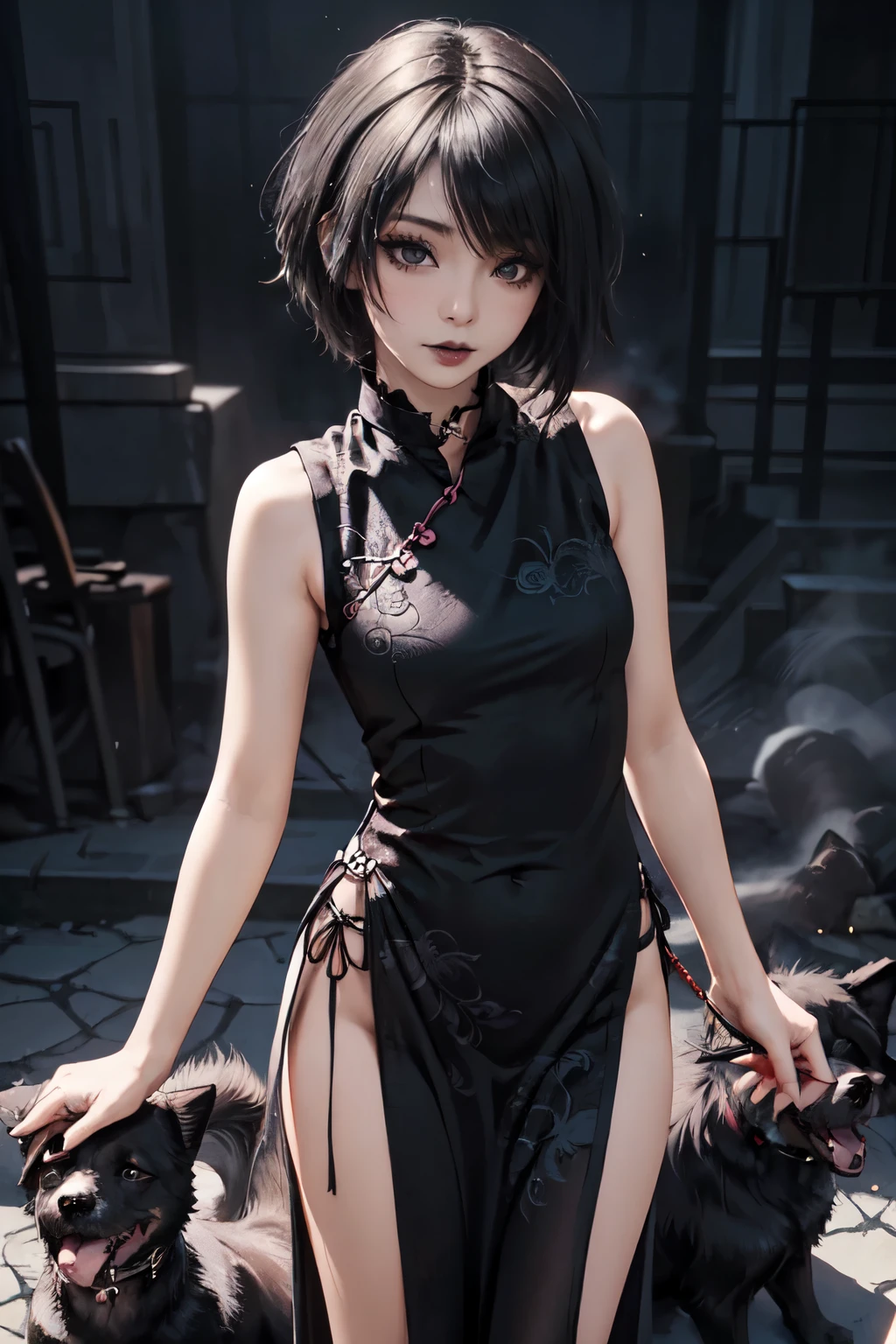 Girl, woman, emo_hairstyle, black lipstick, dog collar, eyeliner, eye shadow, smoky eyes, realistic lighting, short hair, standing up, sleeveless, Chinese dress, pelvic curtain.