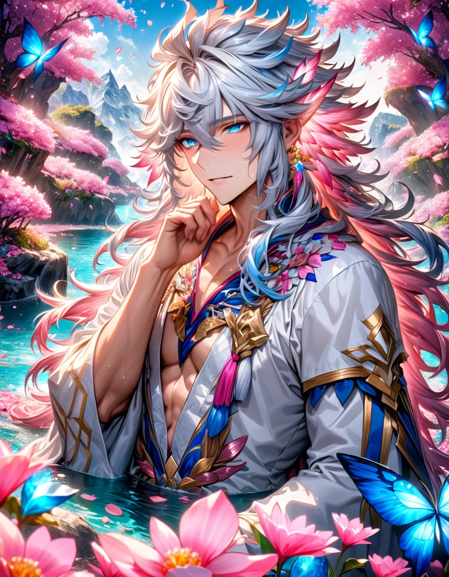 absurdres, highres, ultra detailed, HDR, master piece, best quality, Merlin, white untamed hair, expressive blue eyes, fate grand order, solo, sexy man, handsome, white tunic, fantasy, water, pink flowers, pink blossoms, pink butterflies, pink petals