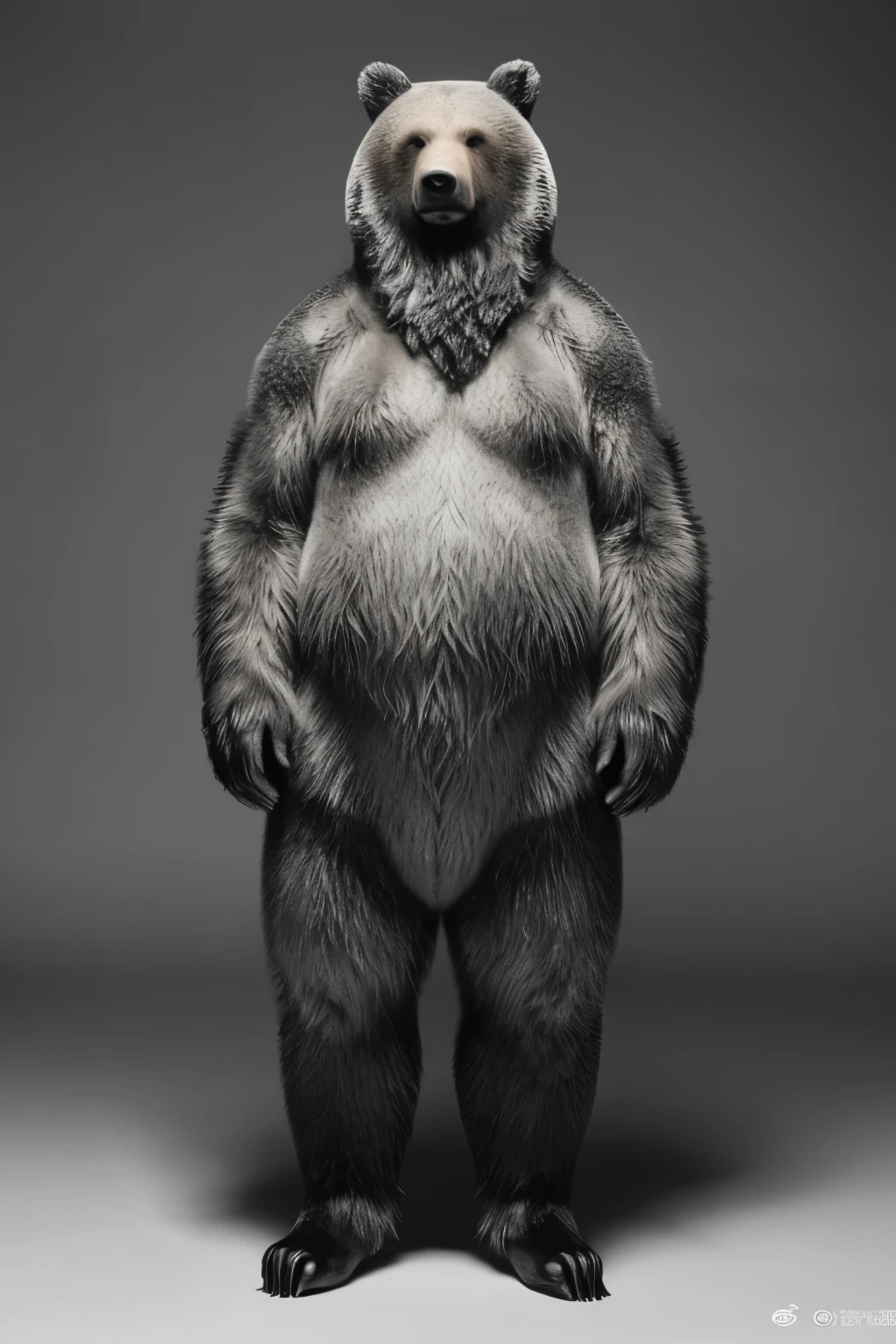 A realistic, full-body, greyscale image of a grizzly bear