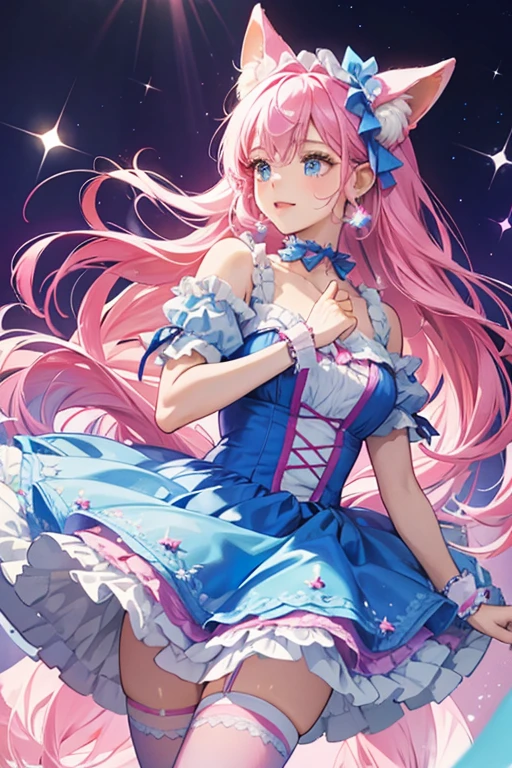 she wore a frilly blue dress with a fuzzy pink collar, dark pink stockings, and a blue ribbon on each ear. SPARKLE; GLITTER