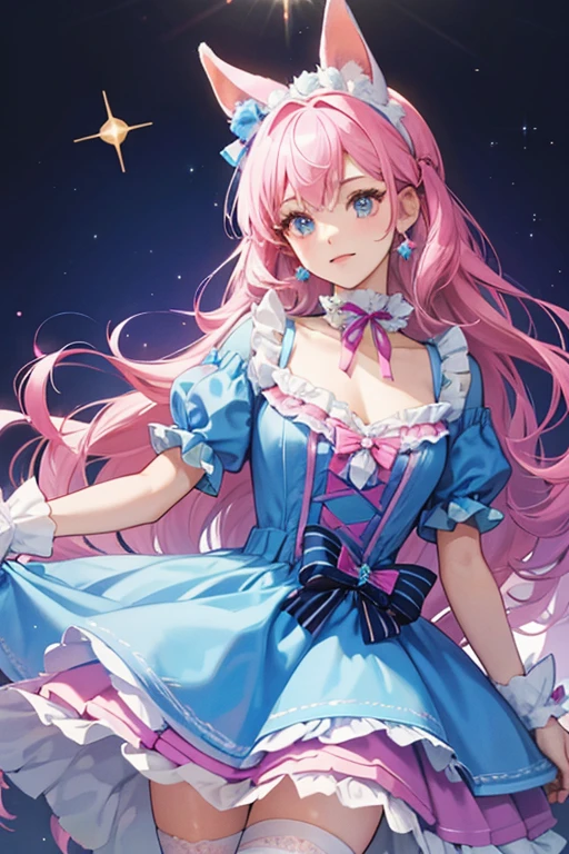 1 female Pink hair ponytail Pink eyebrows Dull light blue eyes dress Dance Moon hair accessory and earrings