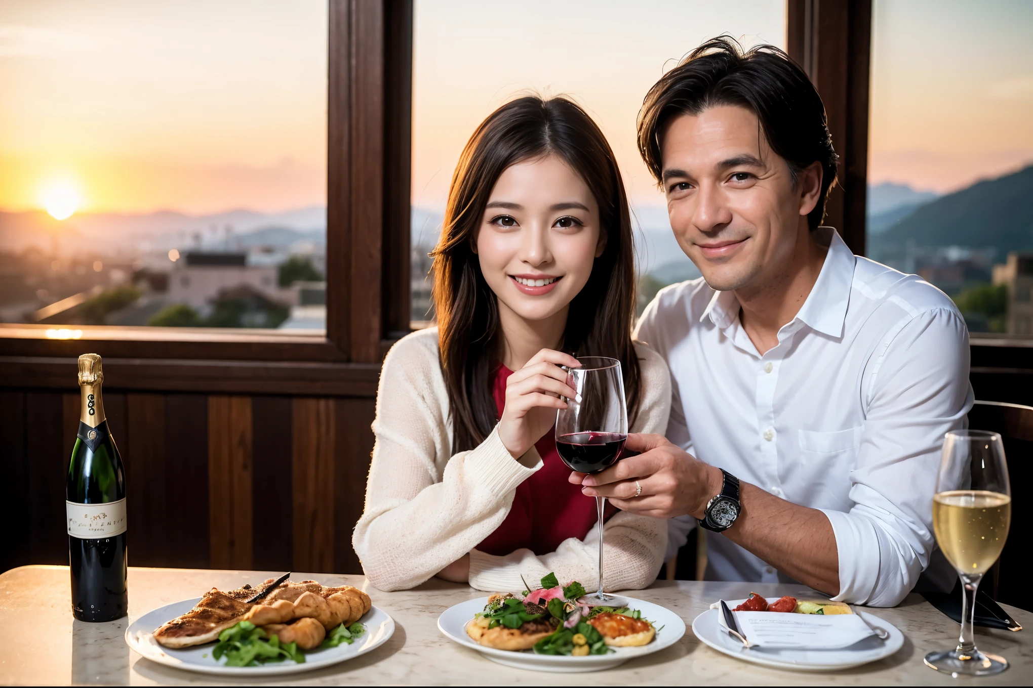 ((highest quality、8k、masterpiece:1.3))、1 male 1 female、Lovers、beautiful couple、Japanese couple、Happy Smile、 (Slim face), (The body is スリム), (Brown Hair), (Shortcuts), ((Bob Hale、Straight hair:1.2)), Wine glass on the table、Please put light on my face、 Amazing view of the sunset sky and clouds、Amazing mountain views、The wonderfulness of smiles、Bright image、Blushing, Shortcuts,Bright Face、 (36 years old), 39 years old, red wine 、Appetizers、Italian food、Wine bottle、Champagne、sparkling wine、Long sleeve shirt、dress、Attractive beauty、restaurant, Nova Frog Style, actress, model, Upper Body, White wine, red wine, wine glass,