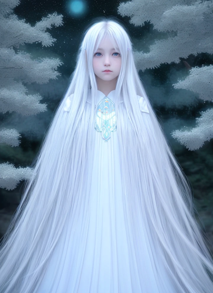 1girl, standing on earth, looking up at night sky, shimmering stars, beautiful detailed eyes, beautiful detailed lips, extremely detailed eyes and face, long eyelashes, serene expression, vibrant colors, dynamic composition, tranquil, (best quality,4k,8k,highres,masterpiece:1.2),ultra-detailed,(realistic,photorealistic,photo-realistic:1.37),animal cosplay,white long hair,FINAL FANTASY,kawaii Japanese,animal eyes,fantasy,dreamy,ethereal,magical realism,soft lighting,glowing,detailed background Japanese girl colorful hair