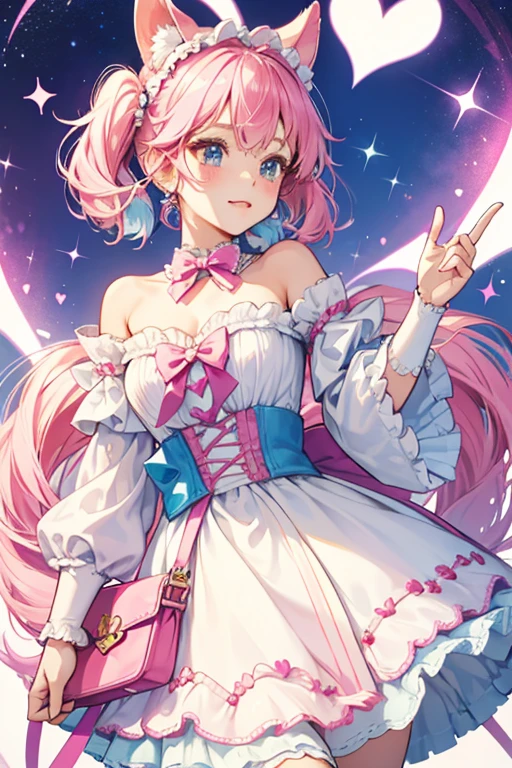 Lovelitchi's two bows were replaced with two ancient like Tama Hearts, and a pink beaded scrunchie similar to her Lovelin identity. Her dress color has been changed to pink with another white dress underneath, her neckline was changed with a blue bowtie with long ribbon strands, and her stockings' colors were changed to blue instead of pink. Her pink heart shoulder bag is still the same. Along with this, her modern artwork's head and ears were redrawn. Her head was made slightly bigger while her ears were made slightly thinner and longer. SPARKLE; GLITTER