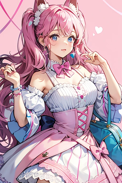 Lovelitchi's two bows were replaced with two ancient like Tama Hearts, and a pink beaded scrunchie similar to her Lovelin identity. Her dress color has been changed to pink with another white dress underneath, her neckline was changed with a blue bowtie with long ribbon strands, and her stockings' colors were changed to blue instead of pink. Her pink heart shoulder bag is still the same. Along with this, her modern artwork's head and ears were redrawn. Her head was made slightly bigger while her ears were made slightly thinner and longer. SPARKLE; GLITTER