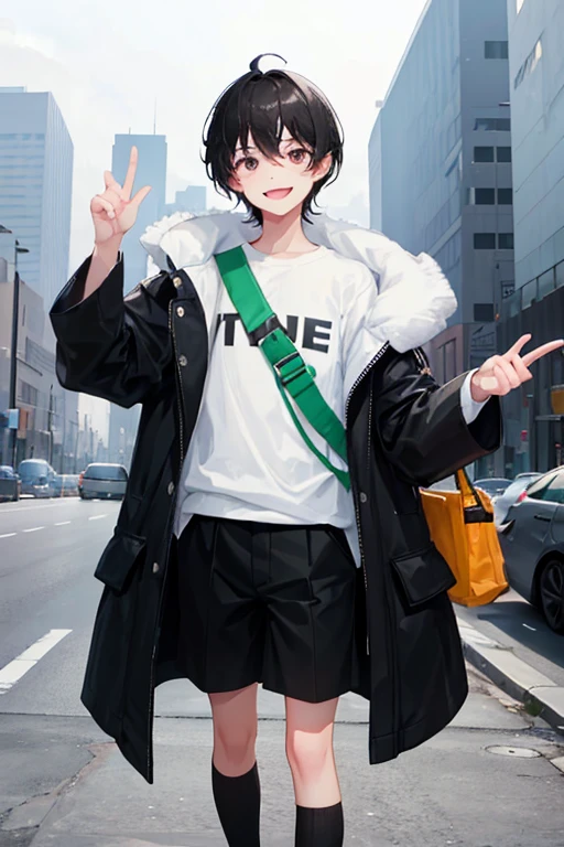 white man short black hair black eyes black clothes black coat happy smile teenager