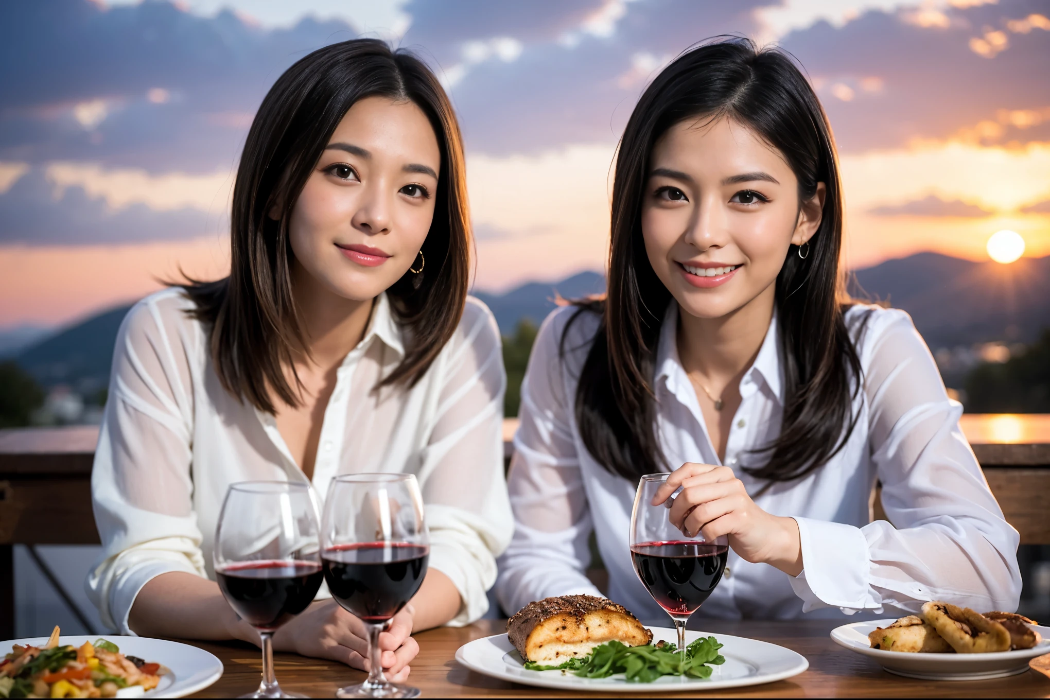 ((highest quality、8k、masterpiece:1.3))、1 male 1 female、Lovers、beautiful couple、Japanese couple、Happy Smile、 (Slim face), (The body is スリム), (Brown Hair), (Shortcuts), ((Bob Hale、Straight hair:1.2)), Wine glass on the table、Please put light on my face、 Amazing view of the sunset sky and clouds、Amazing mountain views、The wonderfulness of smiles、Bright image、Blushing, Shortcuts,Bright Face、 (36 years old), 39 years old, red wine 、Appetizers、Italian food、Wine bottle、Champagne、sparkling wine、Long sleeve shirt、dress、Attractive beauty、restaurant, Nova Frog Style, actress, model, Upper Body, White wine, red wine, wine glass,