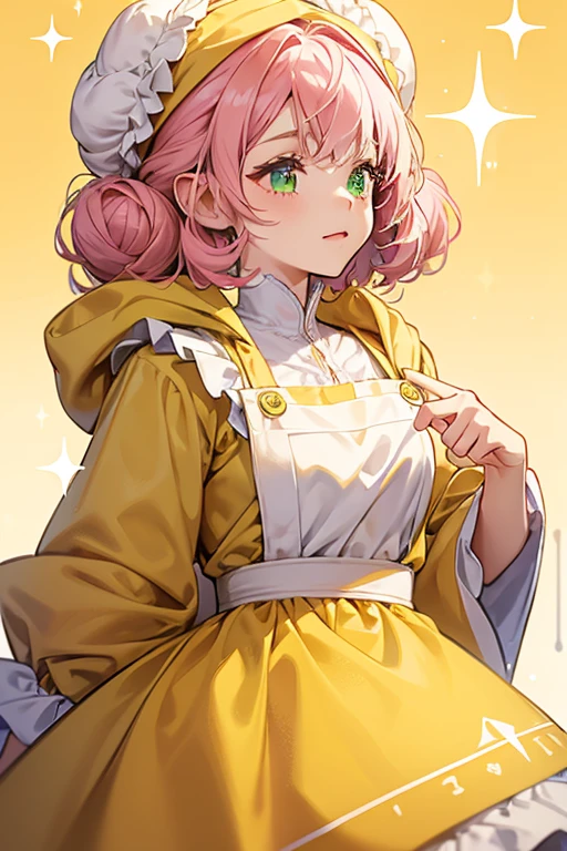 She is white and fluffy like Lovelitchi. Her ears are round and are done up in buns near the bottom of her head, and she has a tuft of her coming from under a yellow hood. She wears a brown apron with green pockets which says the word "CAFE" on the front, and underneath is a pink shirt. SPARKLE; GLITTER