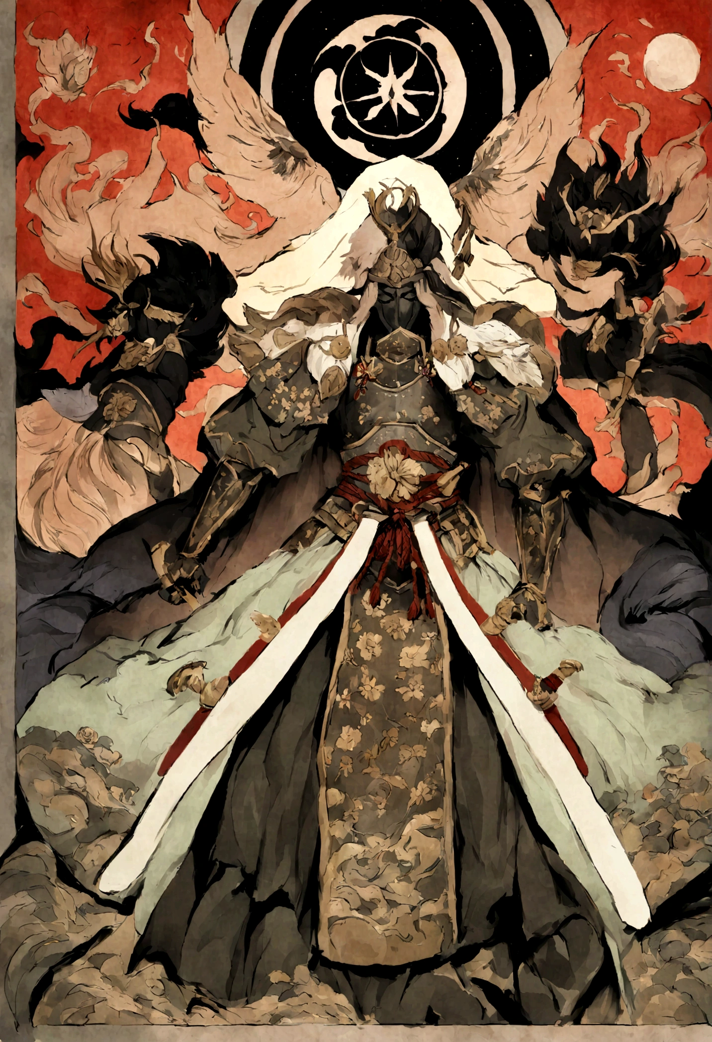 Ela segura uma katana com firmeza, the blade shining in the light, amarrado em um coque tradicional, floral adornments or clan symbols on armor, further enrich the composition, making the image a powerful and evocative representation of samurai culture and spirit.