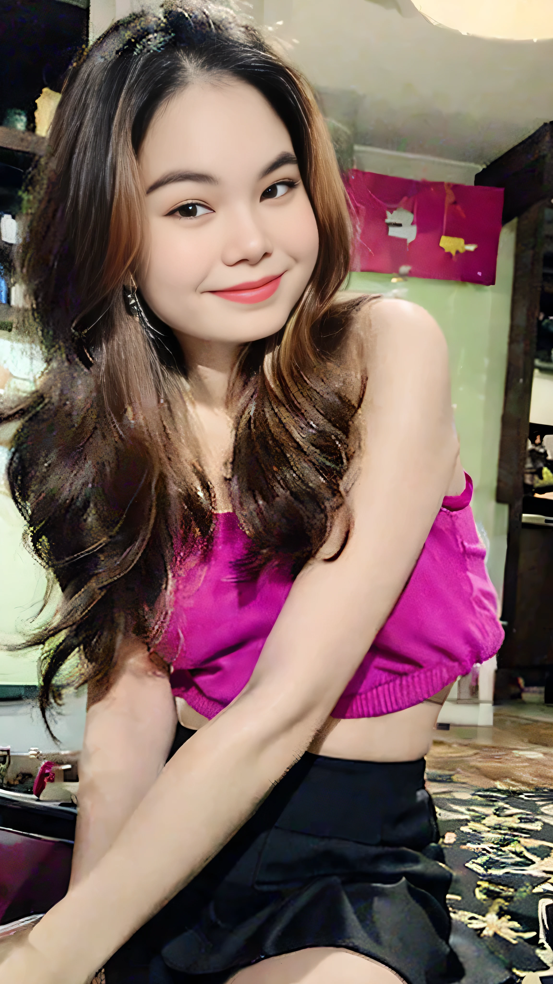 (8k, RAW photo, best quality, mastery:1.3), (realistic, photo-realistic:1.37), (looking viewer:1.331), posing Seductively, living room, soft light, 15 year old girl, short body, beautiful thighs, smaller chest, brunette hair, long hair, smile, pink tank top, black short skirt