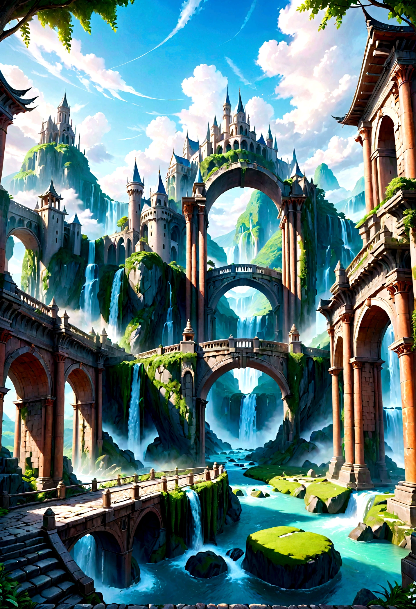 8K resolution, surreal, Super detailed, high quality, fantastical city, towering archways and bridges, cascading waterfalls, ancient ruins, lush greenery, winding river, blue skies with fluffy clouds, detailed stone structures, scenic landscapes, mix of natural and architectural beauty, vibrant colors