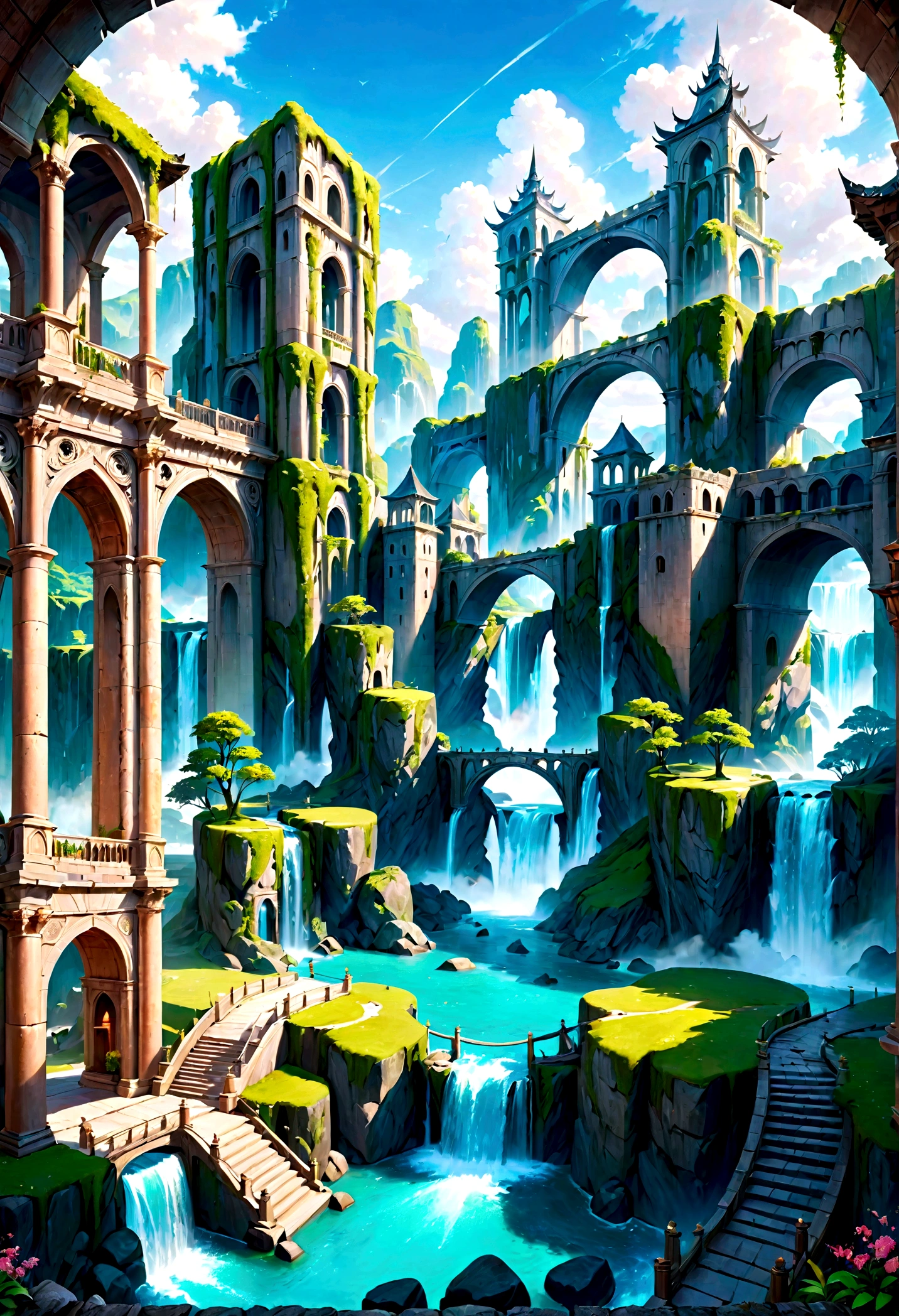 8K resolution, surreal, Super detailed, high quality, fantastical city, towering archways and bridges, cascading waterfalls, ancient ruins, lush greenery, winding river, blue skies with fluffy clouds, detailed stone structures, scenic landscapes, mix of natural and architectural beauty, vibrant colors