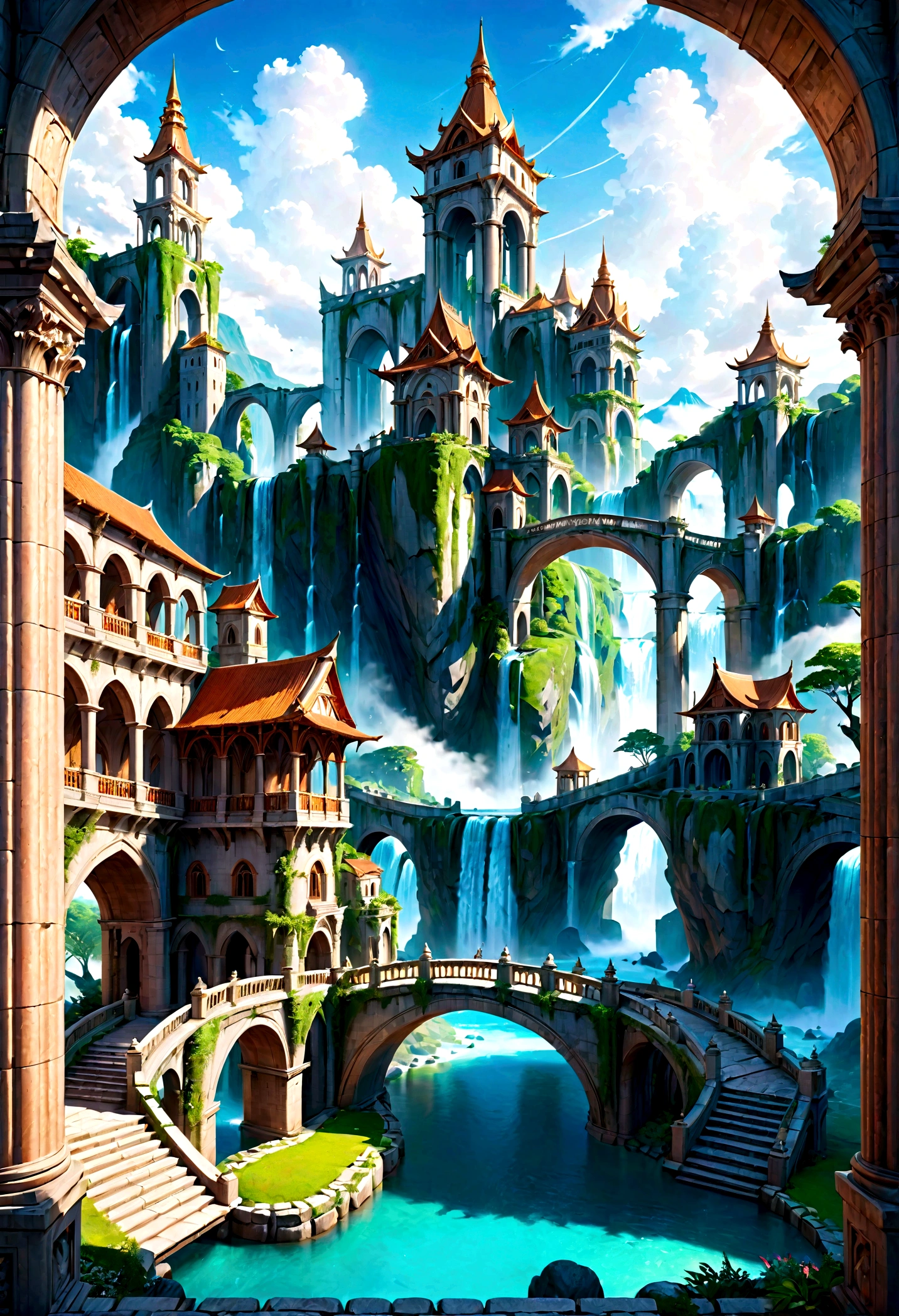 8K resolution, surreal, Super detailed, high quality, fantastical city, towering archways and bridges, cascading waterfalls, ancient ruins, lush greenery, winding river, blue skies with fluffy clouds, detailed stone structures, scenic landscapes, mix of natural and architectural beauty, vibrant colors