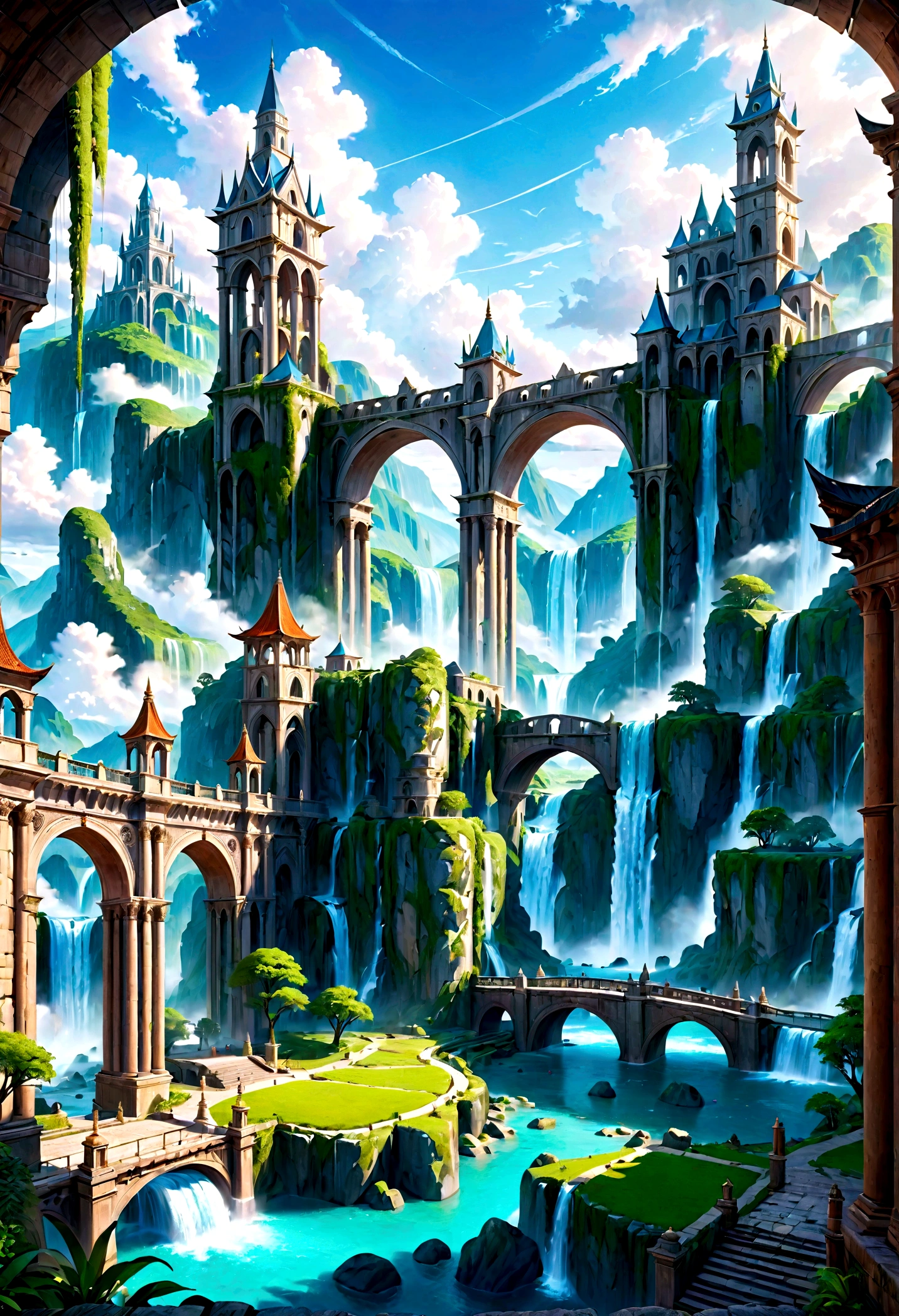 8K resolution, surreal, Super detailed, high quality, fantastical city, towering archways and bridges, cascading waterfalls, ancient ruins, lush greenery, winding river, blue skies with fluffy clouds, detailed stone structures, scenic landscapes, mix of natural and architectural beauty, vibrant colors
