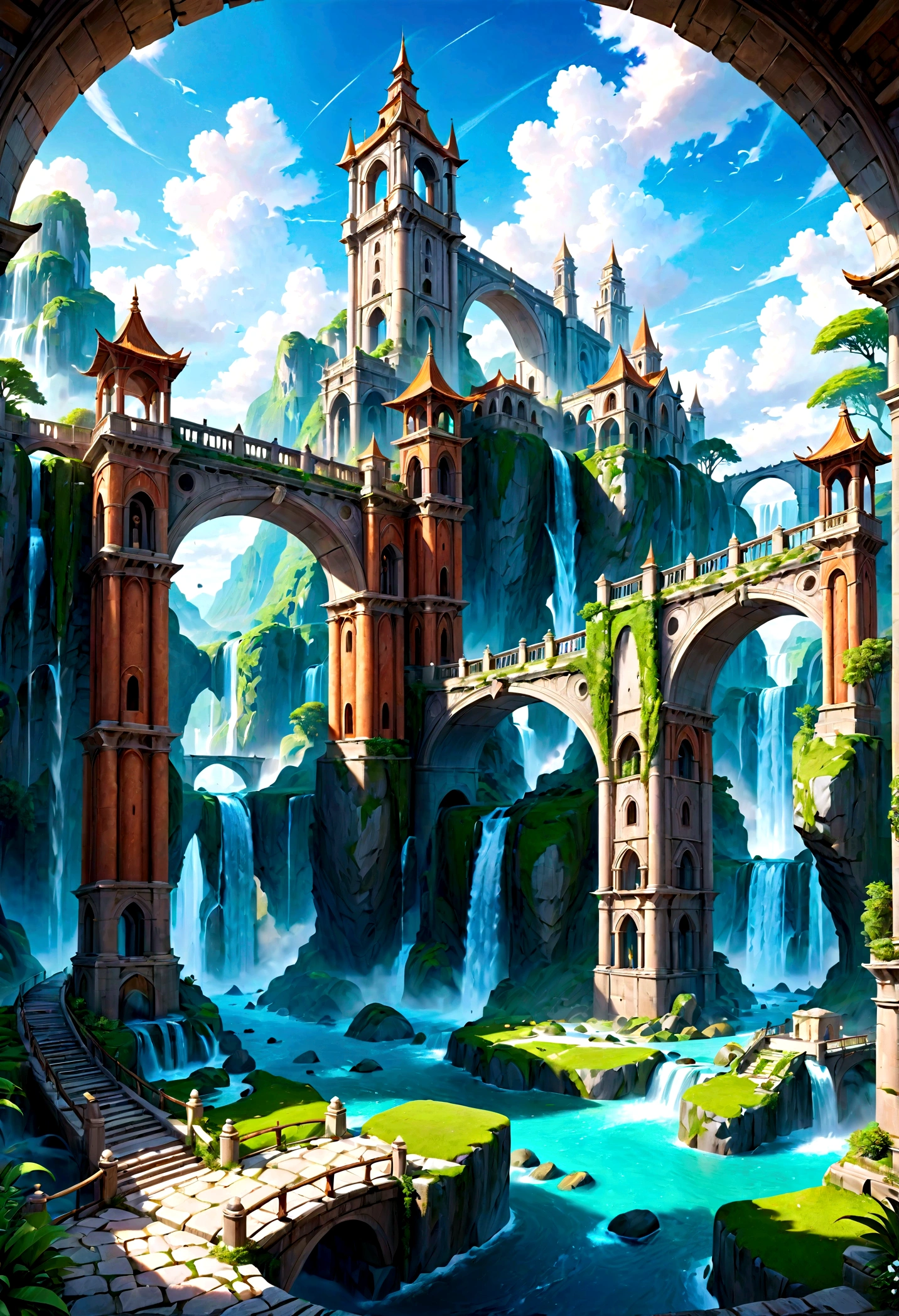 8K resolution, surreal, Super detailed, high quality, fantastical city, towering archways and bridges, cascading waterfalls, ancient ruins, lush greenery, winding river, blue skies with fluffy clouds, detailed stone structures, scenic landscapes, mix of natural and architectural beauty, vibrant colors
