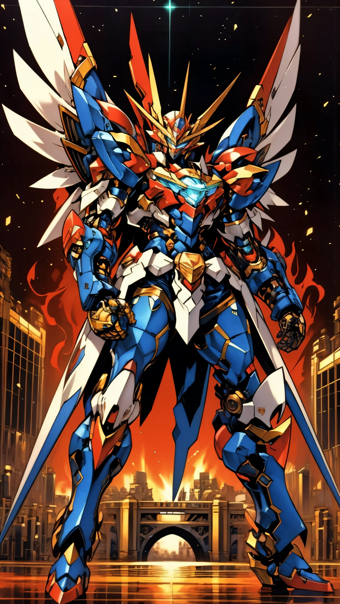 Humanoid Mecha, fully enclosed shoulder guards, matching arm and leg guards, full body, full armor, super robot, the design balances heavy with agility, (the color scheme is primarily white with red and blue accents, the concept Inspired by super robot, Dragon concept chest armor, pose, standing, floating high above the futuristic sci-fi city), exquisite and mature art style, (aura effect, energy, glowing eyes, the armor glows), ((SRS)), metallic, dramatic, high definition, best quality, highres, ultra-detailed, ultra-fine painting, extremely delicate, professional, perfect body proportions, anatomically correct, symmetrical face, extremely detailed eyes and face, high quality eyes, creativity, RAW photo, UHD, 32k, Natural light, cinematic lighting, masterpiece-anatomy-perfect, masterpiece:1.5
