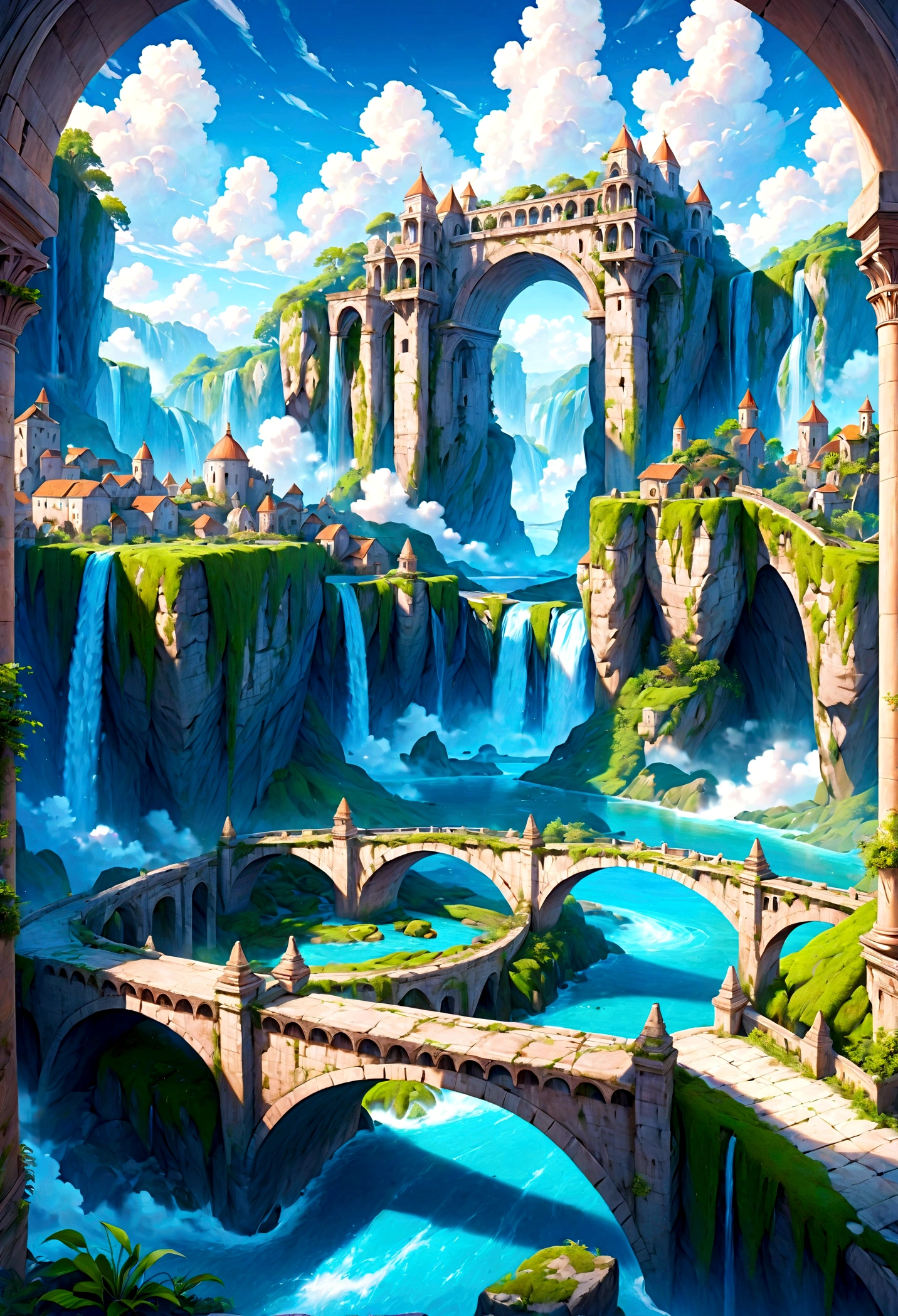 8K resolution, surreal, Super detailed, high quality, fantastical city, towering archways and bridges, cascading waterfalls, ancient ruins, lush greenery, winding river, blue skies with fluffy clouds, detailed stone structures, scenic landscapes, mix of natural and architectural beauty, vibrant colors