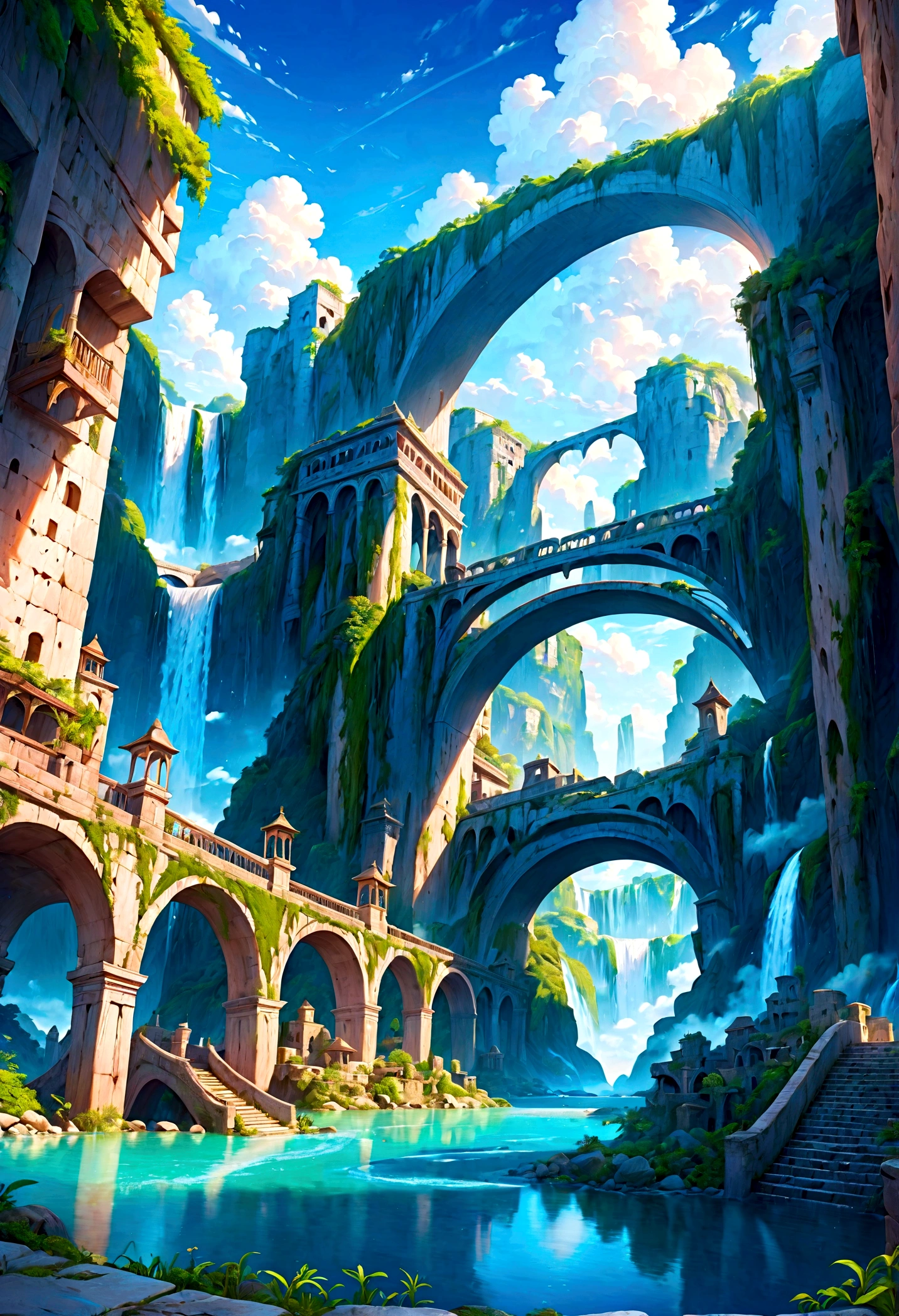 8K resolution, surreal, Super detailed, high quality, fantastical city, towering archways and bridges, cascading waterfalls, ancient ruins, lush greenery, winding river, blue skies with fluffy clouds, detailed stone structures, scenic landscapes, mix of natural and architectural beauty, vibrant colors