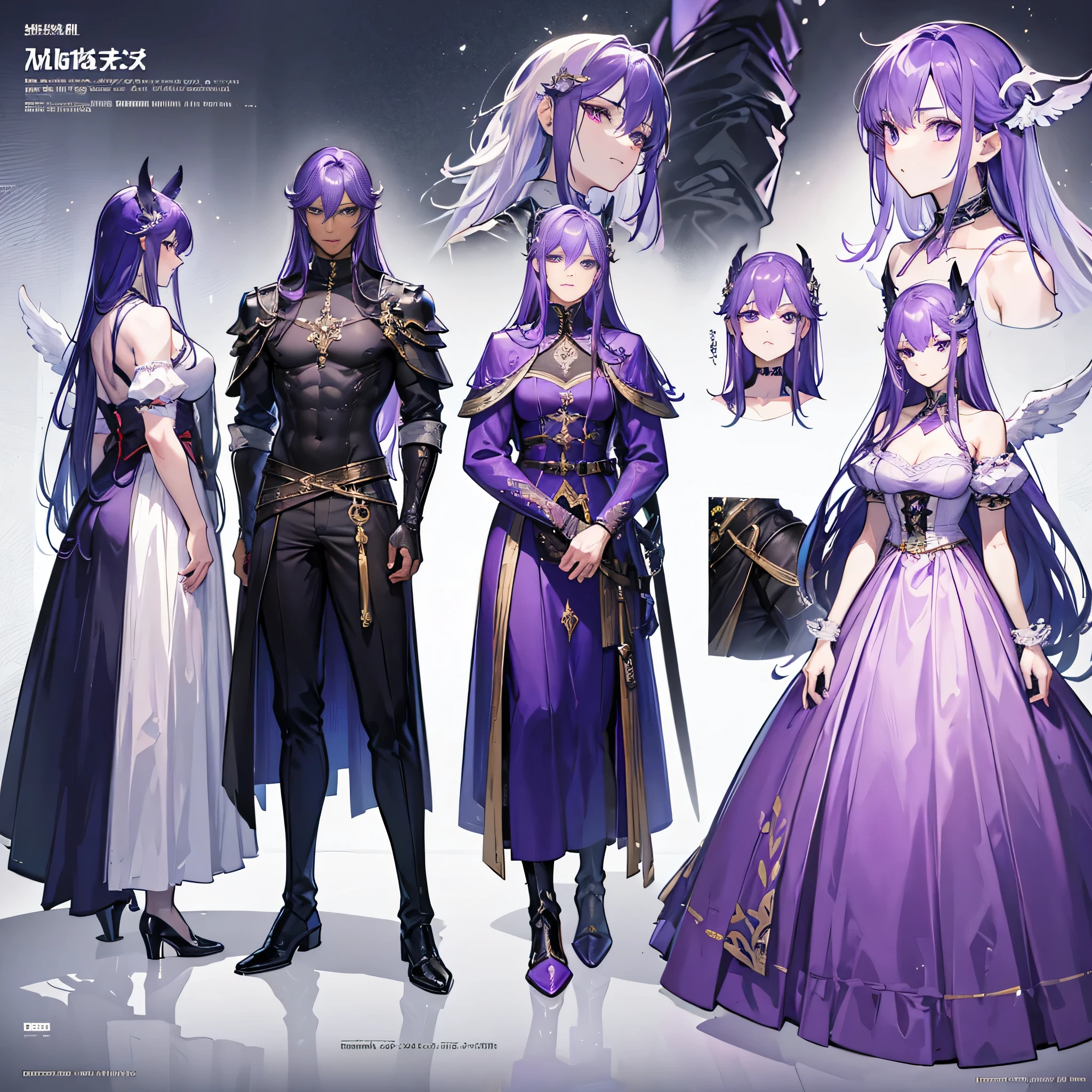 (Masterpiece, best quality), detailed, 1 man, ((character concept art)), ((character design sheet, same character, front, side, back)), full body, body complete, 1 Male, 1 Man, Detailed face, character design sheet，full bodyesbian, Highly detailed, character sheet, character design, Many parts, dark skin, angel wings, long purple hair, male angel outfit, masculine, muscle male god, muscle man, male muscle, manly, male angel, Muscle male with purple long hair,  beautiful man