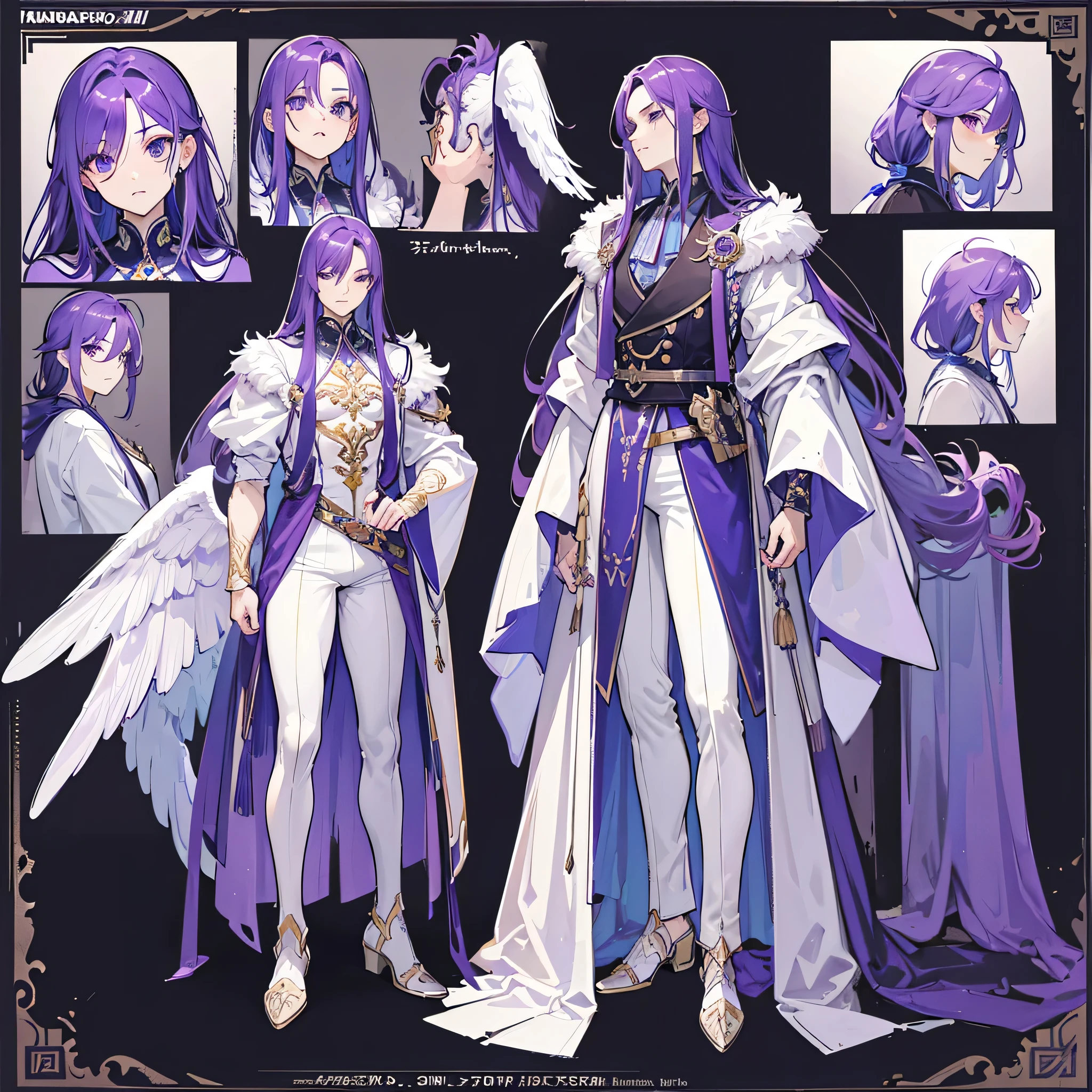 (Masterpiece, best quality), detailed, 1 man, ((character concept art)), ((character design sheet, same character, front, side, back)), full body, body complete, 1 Male, 1 Man, Detailed face, character design sheet，full bodyesbian, Highly detailed, character sheet, character design, Many parts, dark skin, angel wings, long purple hair, male angel outfit, masculine, muscle male god, muscle man, male muscle, manly, male angel, Muscle male with purple long hair,  beautiful man