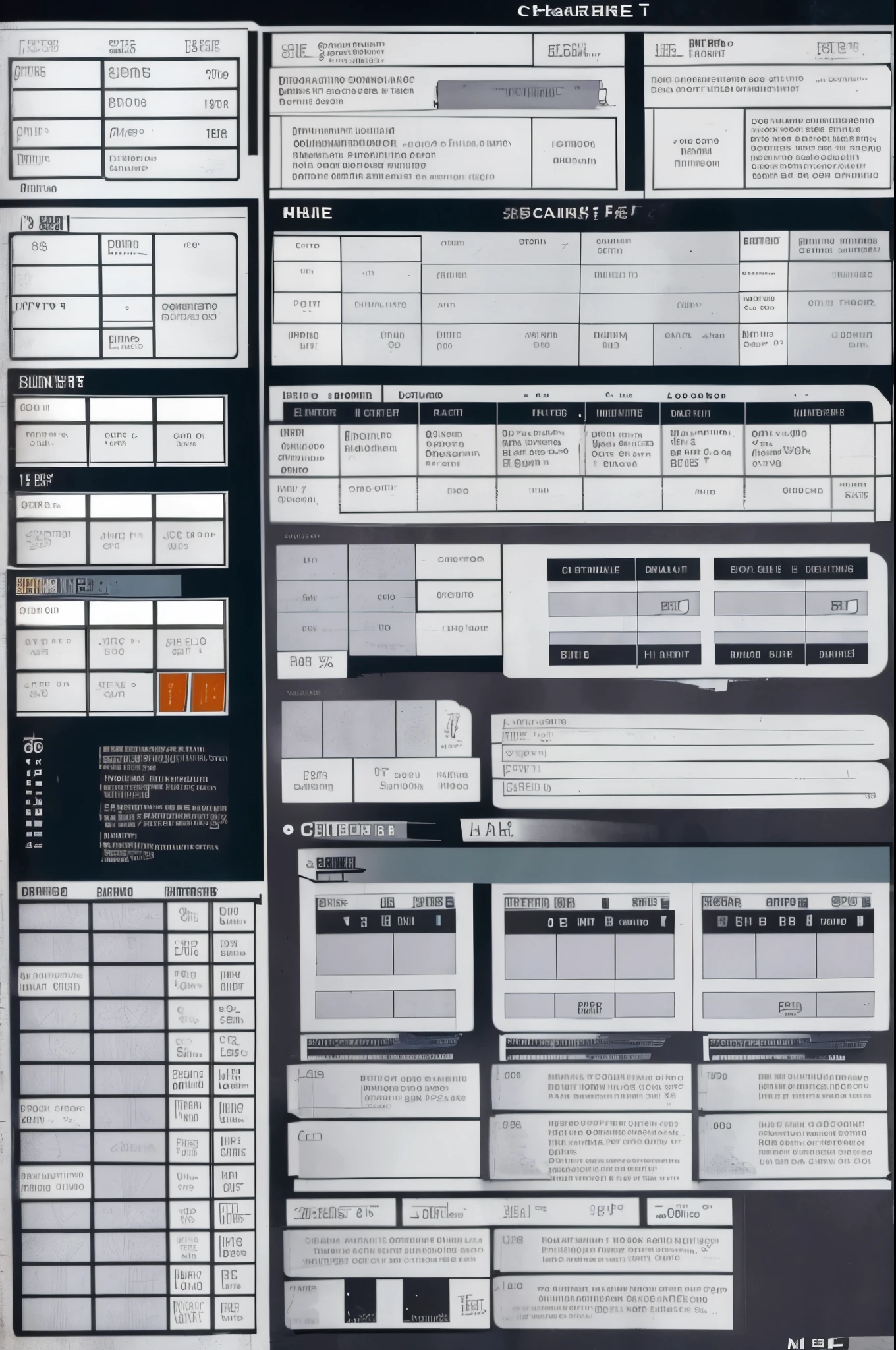 (((character sheet, brue print))), robot, items and skill images on slides