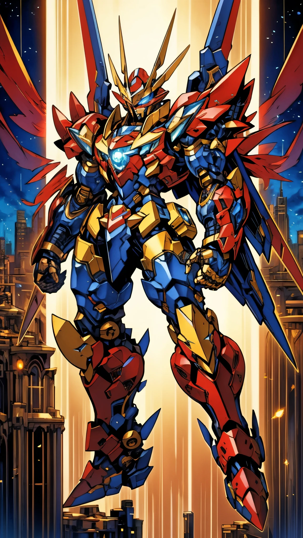 Humanoid Mecha, fully enclosed shoulder guards, matching arm and leg guards, full body, full armor, super robot, the design balances heavy with agility, (the color scheme is primarily white with red and blue accents, the concept Inspired by super robot, Dragon concept chest armor, pose, standing, floating high above the futuristic sci-fi city), exquisite and mature art style, (aura effect, energy, glowing eyes, the armor glows), ((SRS)), metallic, dramatic, high definition, best quality, highres, ultra-detailed, ultra-fine painting, extremely delicate, professional, perfect body proportions, anatomically correct, symmetrical face, extremely detailed eyes and face, high quality eyes, creativity, RAW photo, UHD, 32k, Natural light, cinematic lighting, masterpiece-anatomy-perfect, masterpiece:1.5