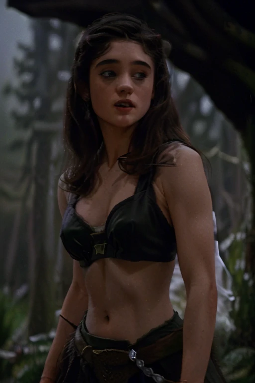 analog 35mm photo of an sks woman vampire dragonslayer, warrior, (natalia dyer), (knight, 80s dark fantasy), Labyrinth 1986, Excalibur 1981, (((dark lighting, dim lit, cinematic))), (midriff, toned abs, wide hips), muscular, cleavage, ((gloomy forest, rain)