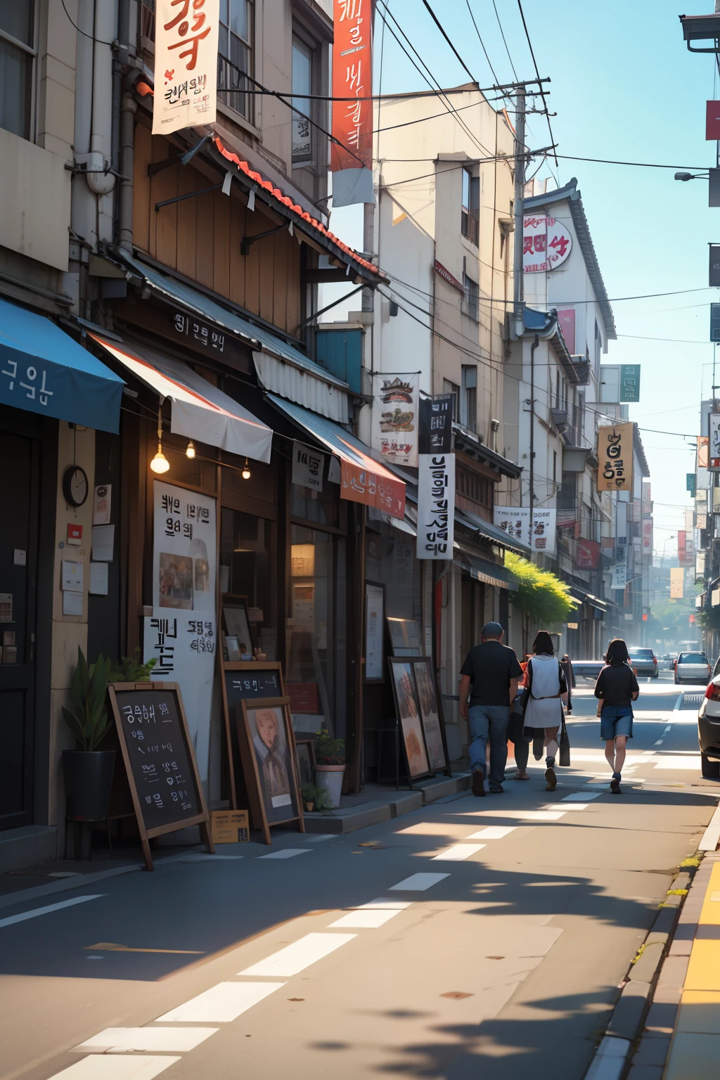 A street walkway, detailed, stalls, cafe, banners, seoul, detailed, 8k, high composition,
