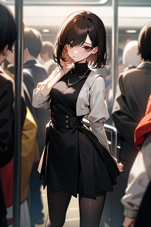 Brown short bob、Sleeveless white sweater、wearing a black jacket、Flared sleeves、Tight Skirt、Black Stockings、necklace、Extremely crowded train、There are a lot of people crowded together、Disheveled clothes、Your cheeks are red、slender、Curved waist、slender、Beautiful clavicle、There are a lot of people and they are close to each other、Flickering、Sexy、