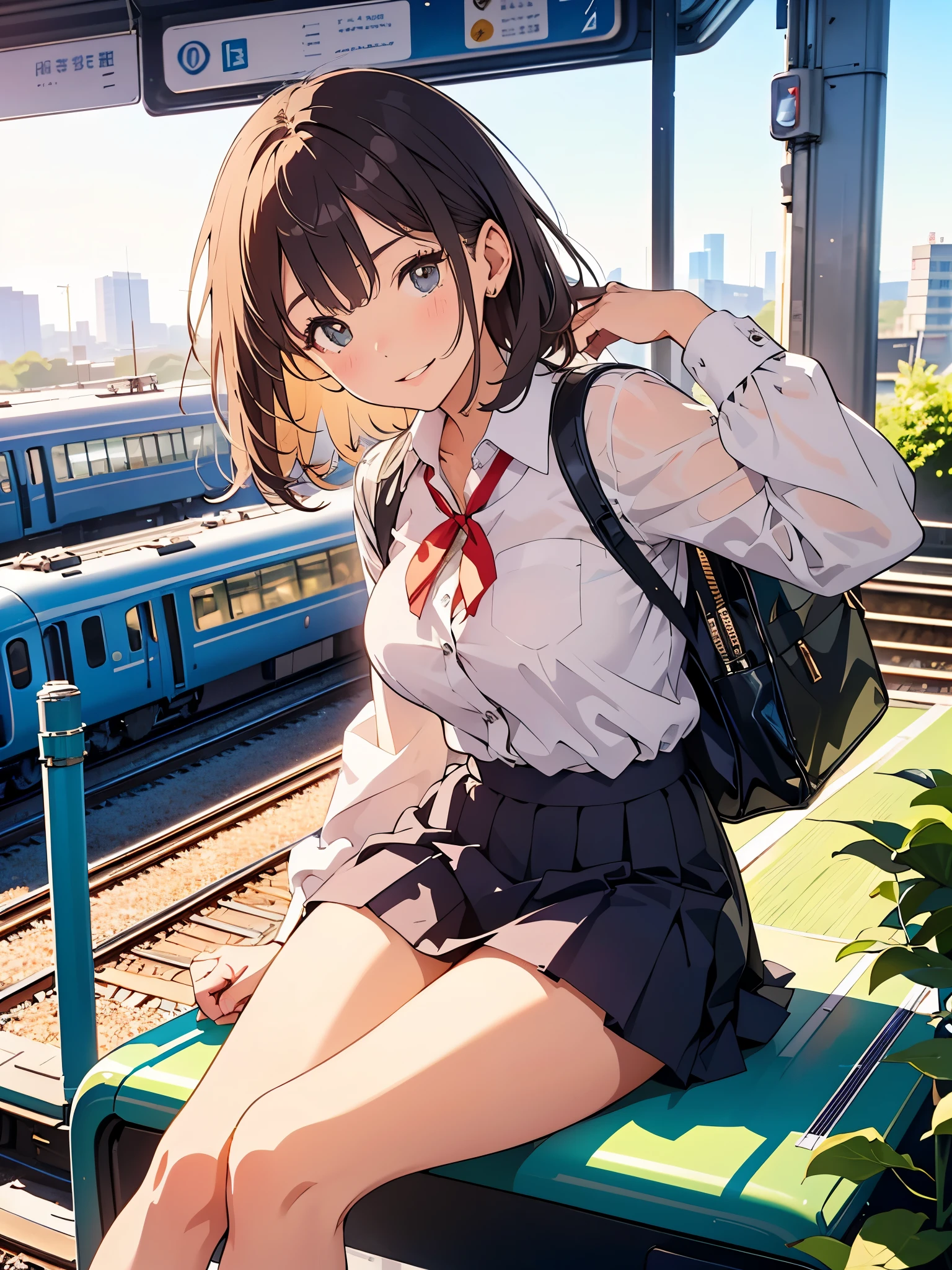 School bag、uniform、Teenage woman standing on the platform of a modern train station in Tokyo、She has long dark brown hair、She is wearing a white shirt with long sleeves rolled up and a black skirt.。A red ribbon is tied around the collar of the white shirt.。She tilted her head slightly、Smiling and playful expression。A train is approaching in the background.、The platform has a clean and modern design.、I can see the clear blue sky、The white sunlight of 11am is streaming in.。The atmosphere is bright and lively、The woman is at the center of the image。There are green plants in the background、Adding a natural element to the urban landscape。The shirt shows through and the underwear is visible、Big Breasts、F cup bust、Her white pants are barely visible、Cute Face、Sexy pose、、Sunlight on my thighs、Sunshine on beautiful legs、((((1 person、Get up close and take a photo、Beautiful views、A composition with depth、Buildings of Tokyo in the background、Hold your feet、The spotlight hits the girl&#39;s leg))))