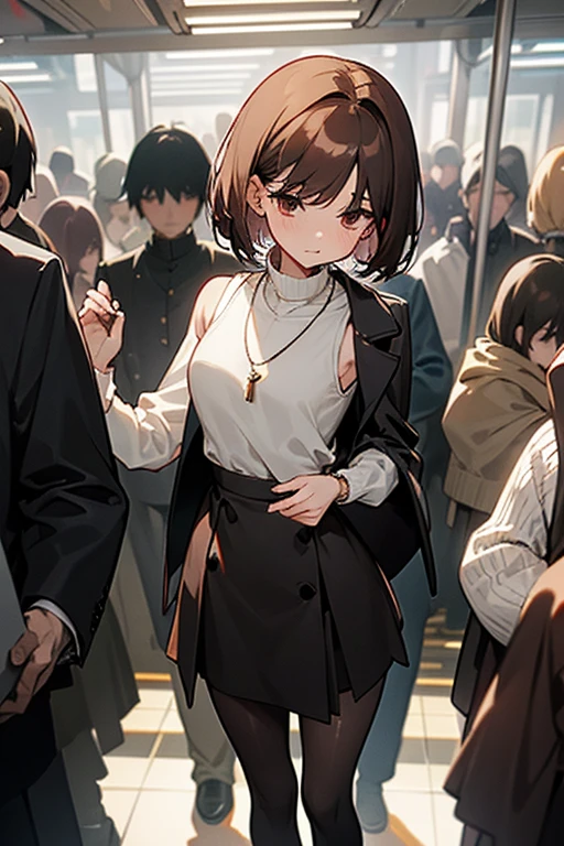 Brown short bob、Sleeveless white sweater、wearing a black jacket、Flared sleeves、Tight Skirt、Black Stockings、necklace、Extremely crowded train、There are a lot of people crowded together、Disheveled clothes、Your cheeks are red、slender、Curved waist、slender、Beautiful clavicle、There are a lot of people and they are close to each other、