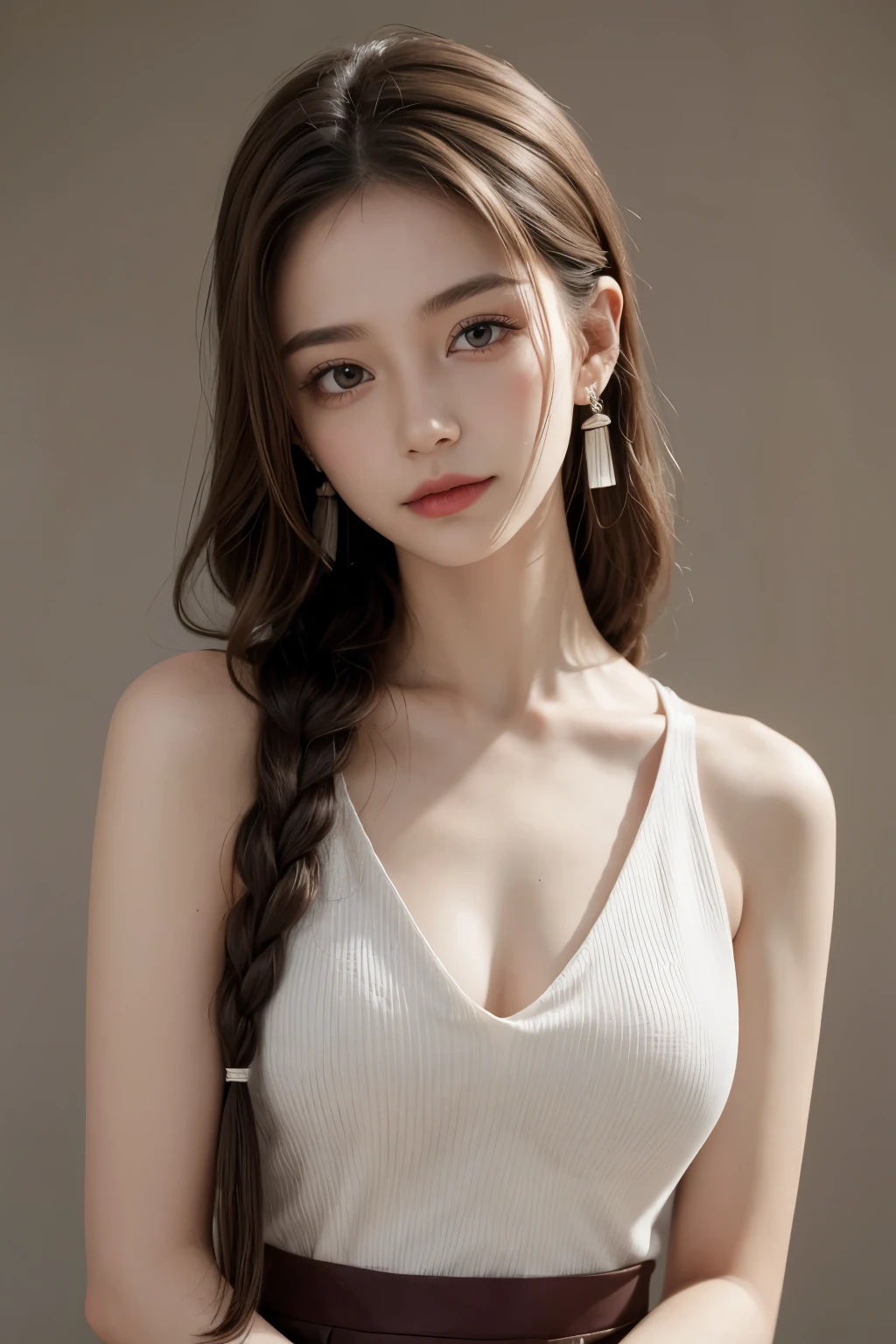 thin, minure female, forehead, amount, One girl, chest, 一人in, Brown_hair, jewelry, Earrings, length_hair, french Braiding, side Braiding, Braiding, single Braiding, cover, lips, upper_body, Artist_name, Looking_in_Audience, big_chest, Brown_eye, smile, Moderate_chest, clavicle, chestの谷間, nose, bMakeup, vertical_stripe, head_Tilt, lipstick, winermark

