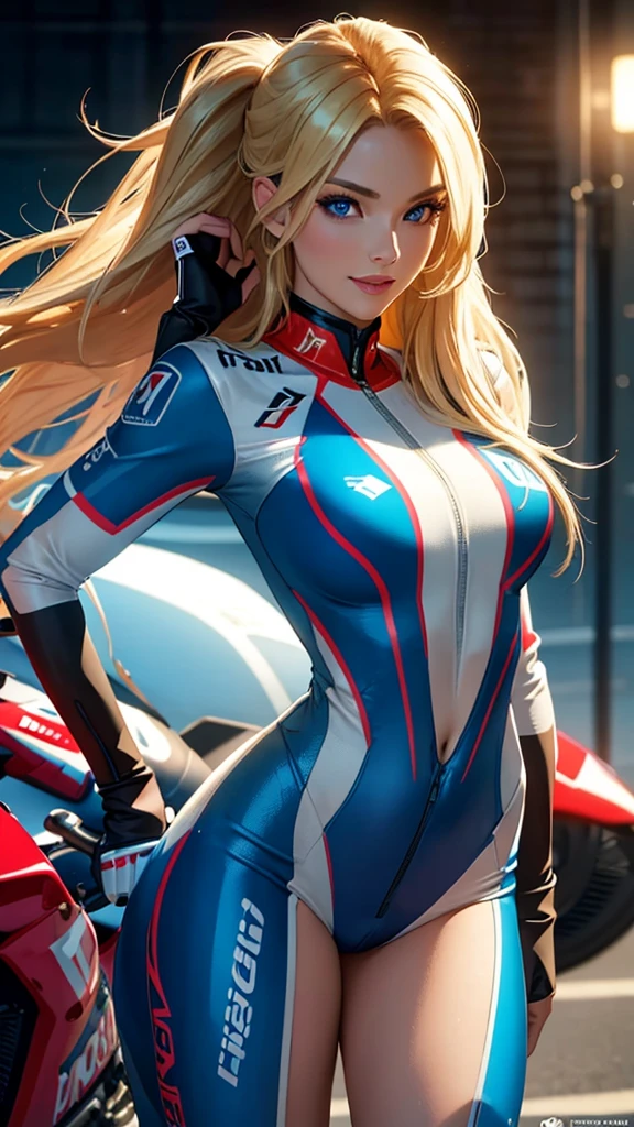 (best quality,ultra-detailed,photo-realistic:1.37),bright and vibrant colors,studio lighting,playful expression,stylish makeup,long blonde hair flowing in the wind,alluring eyes,glossy lips,sexy pose, Ducati, Racing Suit, smiling in a confident and seductive way,posing for a professional photoshoot,shallow depth of field,highlighting the main subject,soft natural lighting,creating a dreamy and magical atmosphere.