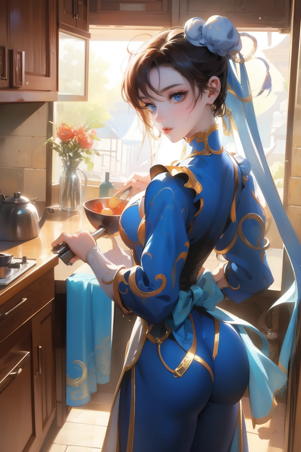 ((Chun li)), ((Blue eyes)), ((Big ass)), ((best quality)), ((masterpiece)), (detailed), perfect face, In the kitchen wearing an apron, half naked with my ass hanging out