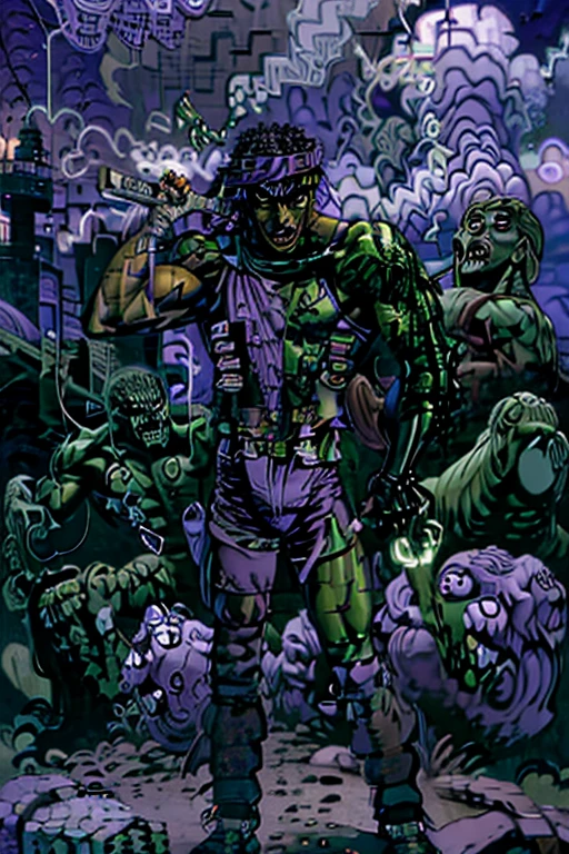 (Male of Caucasian origin).A ((muscular:1.2)) ((green skin:1.2)) ((zombie)), (missing left eye), long brown dreadlocks, rotting flesh, purple headband, purple shorts, athletic shoes, ((cigarillo in his mouth)) with massive clouds of purple smoke. smoke coming out of the left eye socket. Stoner.