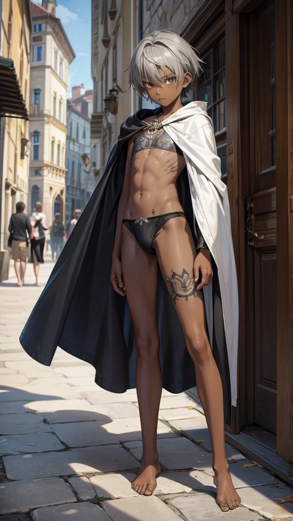 A twelve-year-old boy with short gray hair and dark skin，flat chest，Very slim figure，Cloak，tattoo，briefs，Thin legs，barefoot，medieval european city