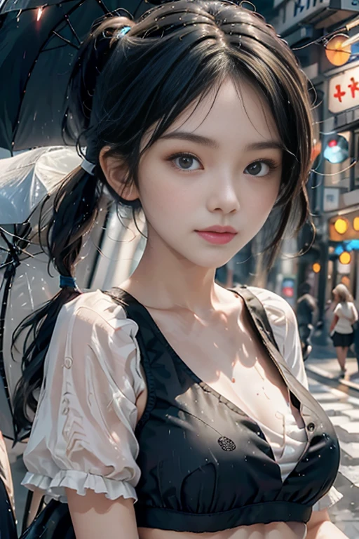 1 girl , short hair, pigtail, Upper Body, Close-up photo , full breasts, rain , Street View.