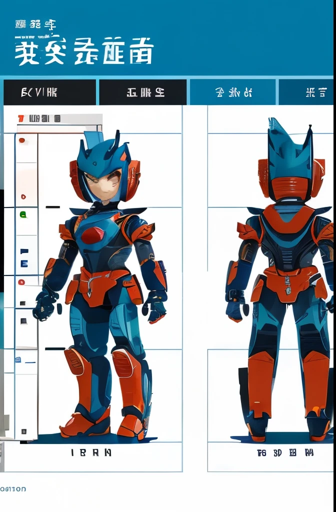 (((character sheet, three view drawing, brue print))), robot, items and skill images on slides