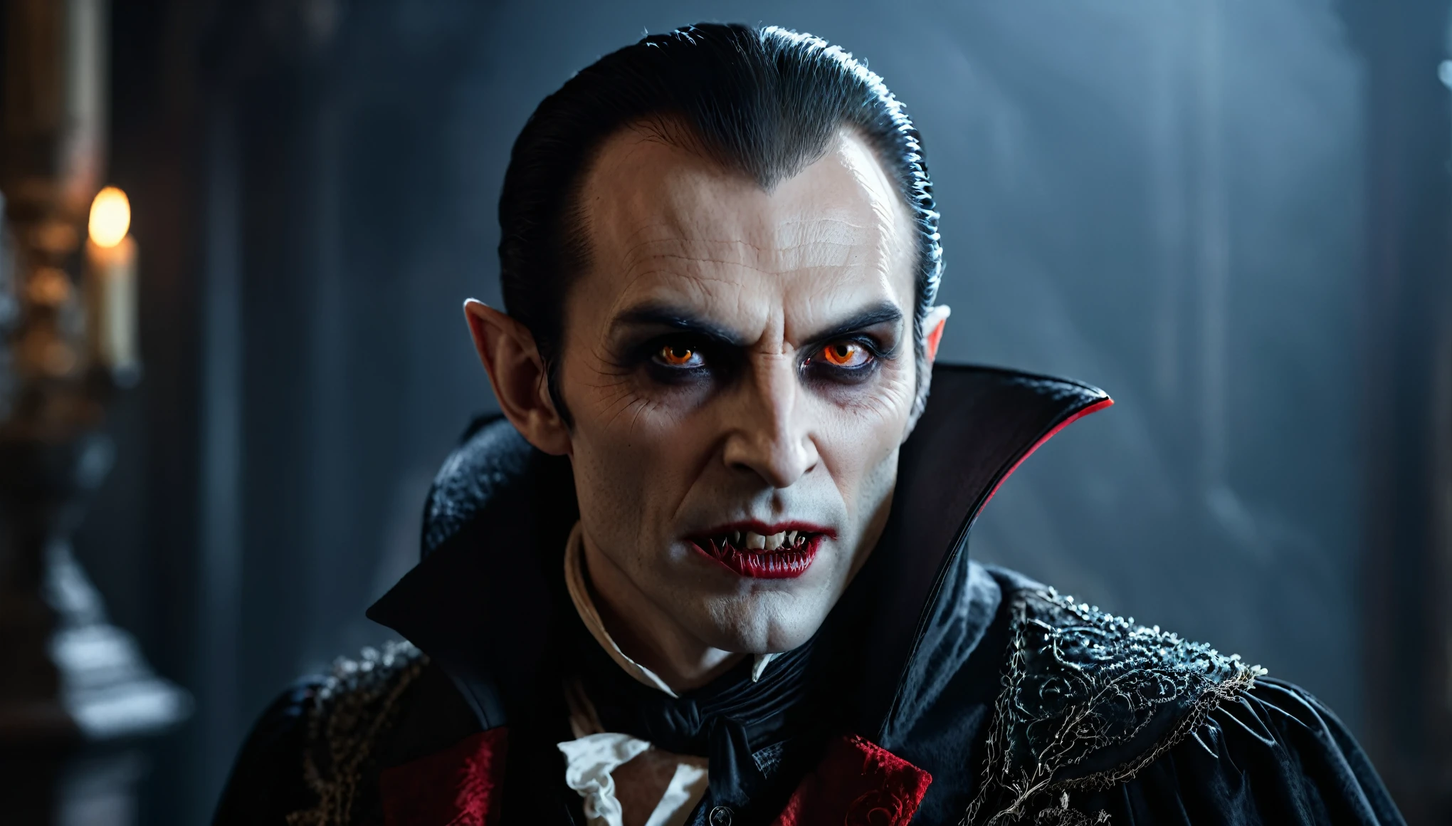 hyper realistic and highly detailed, an otherworldly vampire creature, half body portrait, cinematic, movie still, captured in the style of Sony Alpha A7 III camera