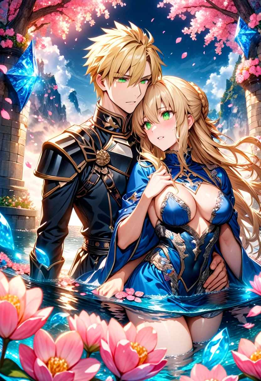 Ultra detailed, Highres, absurdres, HDR, master piece, Gilgamesh, blond hair, expressive red eyes, Artoria Pendragon, blond hair, expressive green eyes, Fate Grand Order, a handsome man together with a beautiful woman, couple, love, extremely detailed eyes and face, water, pink flowers, blossoms, petals, fantasy, magic, best quality, sexy, knight black clothes