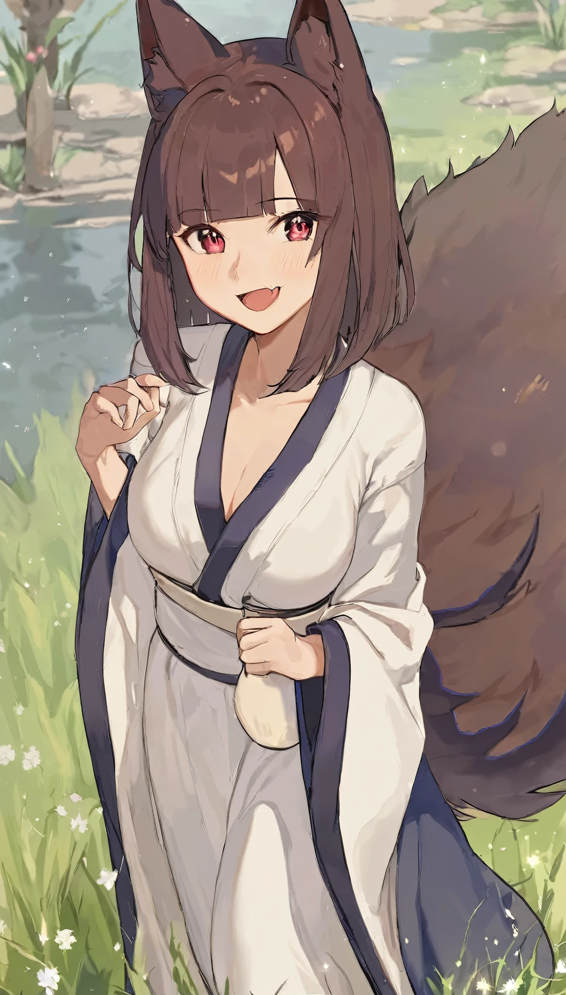 best quality, super fine, 16k, incredibly absurdres, extremely detailed, delicate and dynamic, cute wolf beast woman, ruby-red eyes, brown ears, straight brown medium hair, blunt bangs, big fluffy brown tail, captivating look, aroused expression, slender, wearing ivory shirt and navy blue long robe, smiling and frolicking in the grassland, gentle effects of sparkling pastel colors, cute images with a delicate and gentle touch