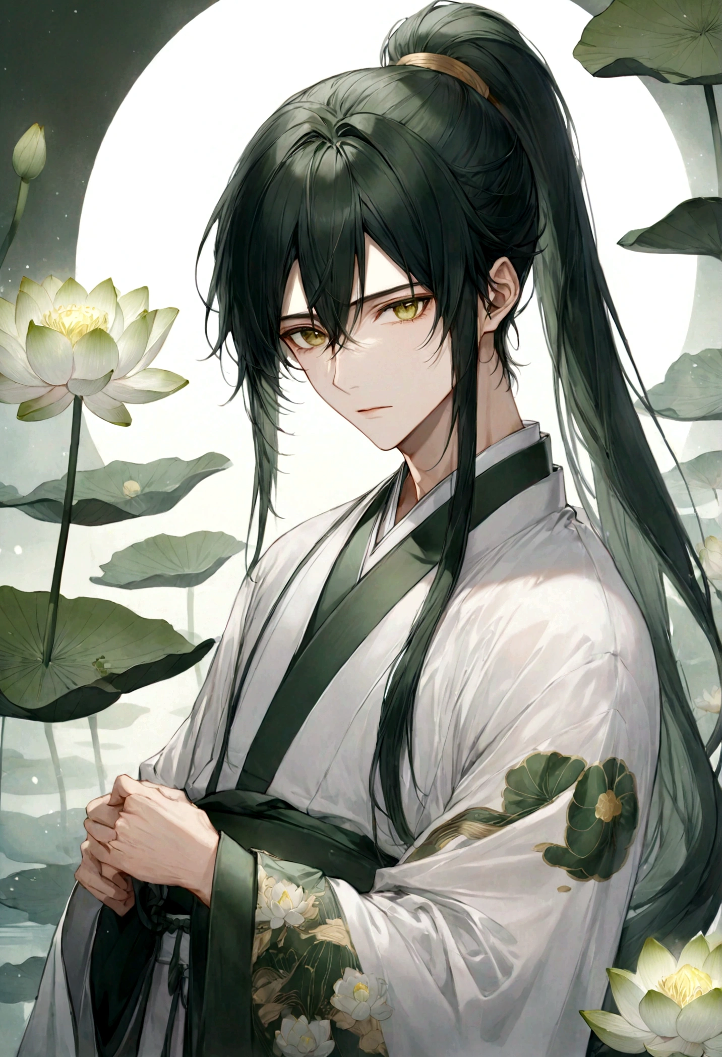 ((top-quality)), ((masterpiece)), ((ultra-detailliert)), (extremely delicate and beautiful), handsome man, dark green hair, long straight hair, high ponytail hairstyle, golden eyes, serene expression, wearing wuxia styled robes, sleeves are sheer and silky, white sleeves, white robes with green patterns, lotus flowers on robe, dark pants, white lotus flowers in the background