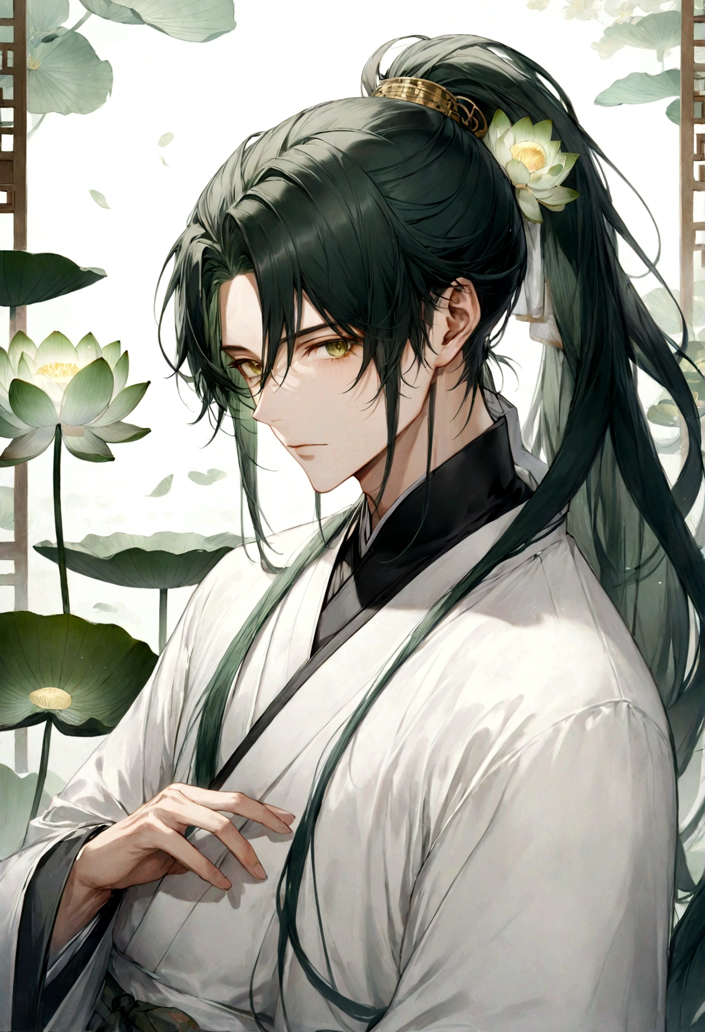 ((top-quality)), ((​masterpiece)), ((ultra-detailliert)), (extremely delicate and beautiful), handsome man, dark green hair, long straight hair, high ponytail hairstyle, golden eyes, serene expression, wearing wuxia styled robes, sleeves are sheer and silky, white sleeves, white robes with green patterns, lotus flowers on robe, dark pants, white lotus flowers in the background