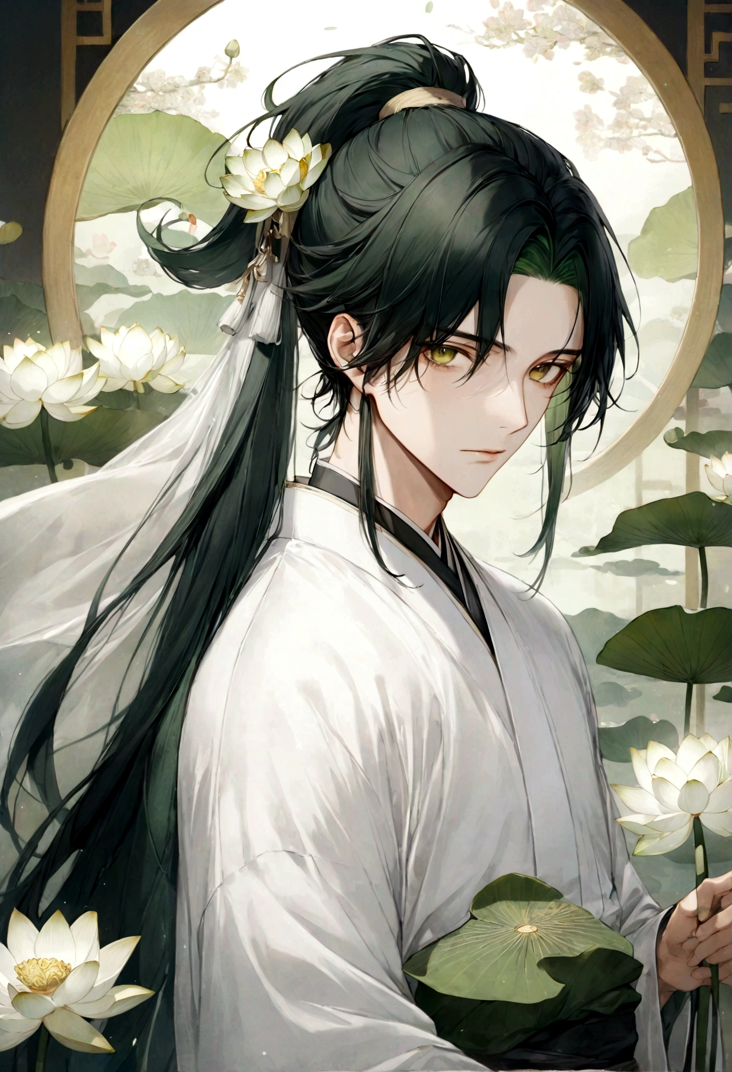 ((top-quality)), ((masterpiece)), ((ultra-detailliert)), (extremely delicate and beautiful), handsome man, dark green hair, long straight hair, high ponytail hairstyle, golden eyes, serene expression, wearing wuxia styled robes, sleeves are sheer and silky, white sleeves, white robes with green patterns, lotus flowers on robe, dark pants, white lotus flowers in the background