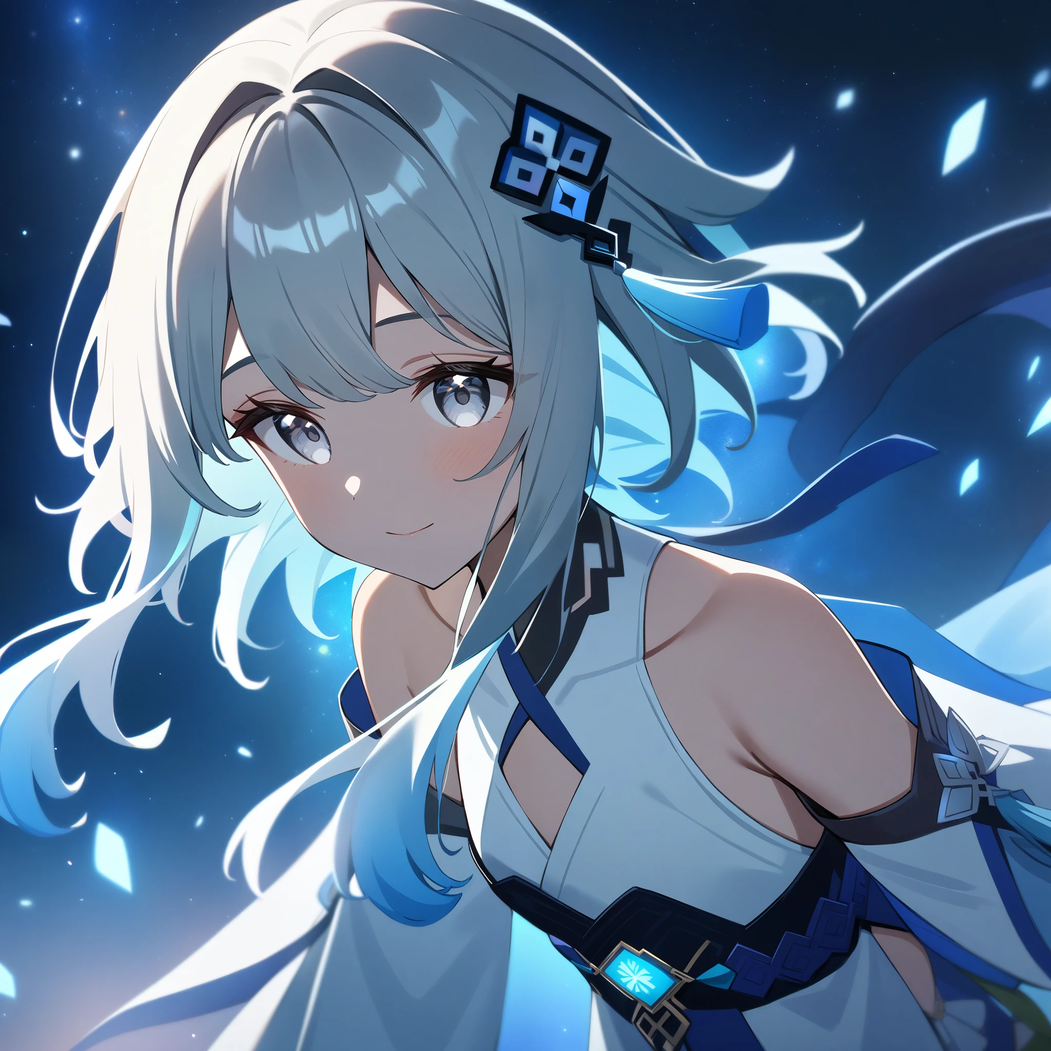 1girl, guizhong_\(genshin_impact\),facing forward,(grey hair),short_hair_with_long_locks in front and low ponytail in back,(pale grey eyes),starry_sky_print,detached_sleeves white outside blue starry inside, hands completely hidden by long sleeves,facing viewer,stunning field of softly glowing cerulean and white glaze lilies,(ladyshadow),night scene,gentle smile,face focus, eye focus,moonlight,anime coloring,cel shading,smooth, soft dreamy focus,anklet,halter_top,white clothes,bare_shoulders,barefoot,cool night tones, magical night scene,transcendent beauty,awe-inspiring artwork,(best quality,4k,8k,highres,masterpiece:1.2),matsuryuu and dsmile and agahari,goddess of stardust,glittering stardust,cosmic,galactic,hairpin,sand